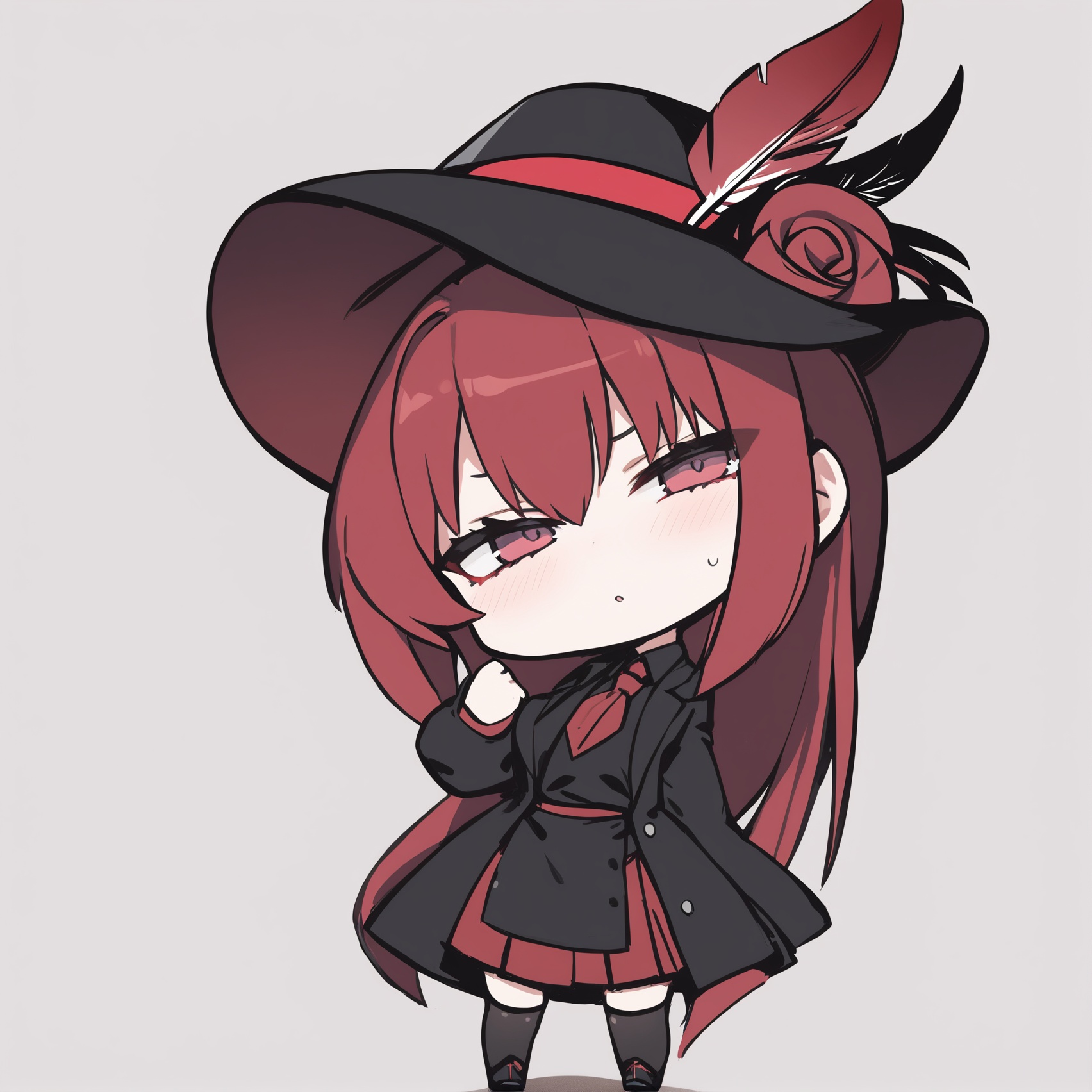 masterpiece, best quality, <lora:JXXLV1-000062:1> <lora:寺田てらXL-000021:1> 1girl, red hair, hat, hat feather,chibi, tsurime