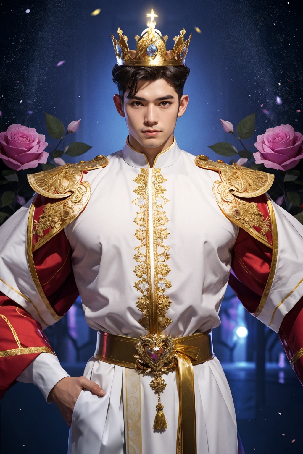 masterpiece,1 Man,(Asian male:0.6),Stubble,Professional photo of a 22-year-old man,Wear a crown,Pope.,Extravagant magical white robes,White ribbon,(iridescent gold:1.2),(magic swirls:1.2),Body hair,Abdominal hair,fractal pattern,Kaleidoscope,Huge flowers,(Combat posture:1.3),Gorgeous textures,Light blue sky,A lot of particle special effects.,Garden,Pink fluorescent roses,textured skin,super detail,best quality,