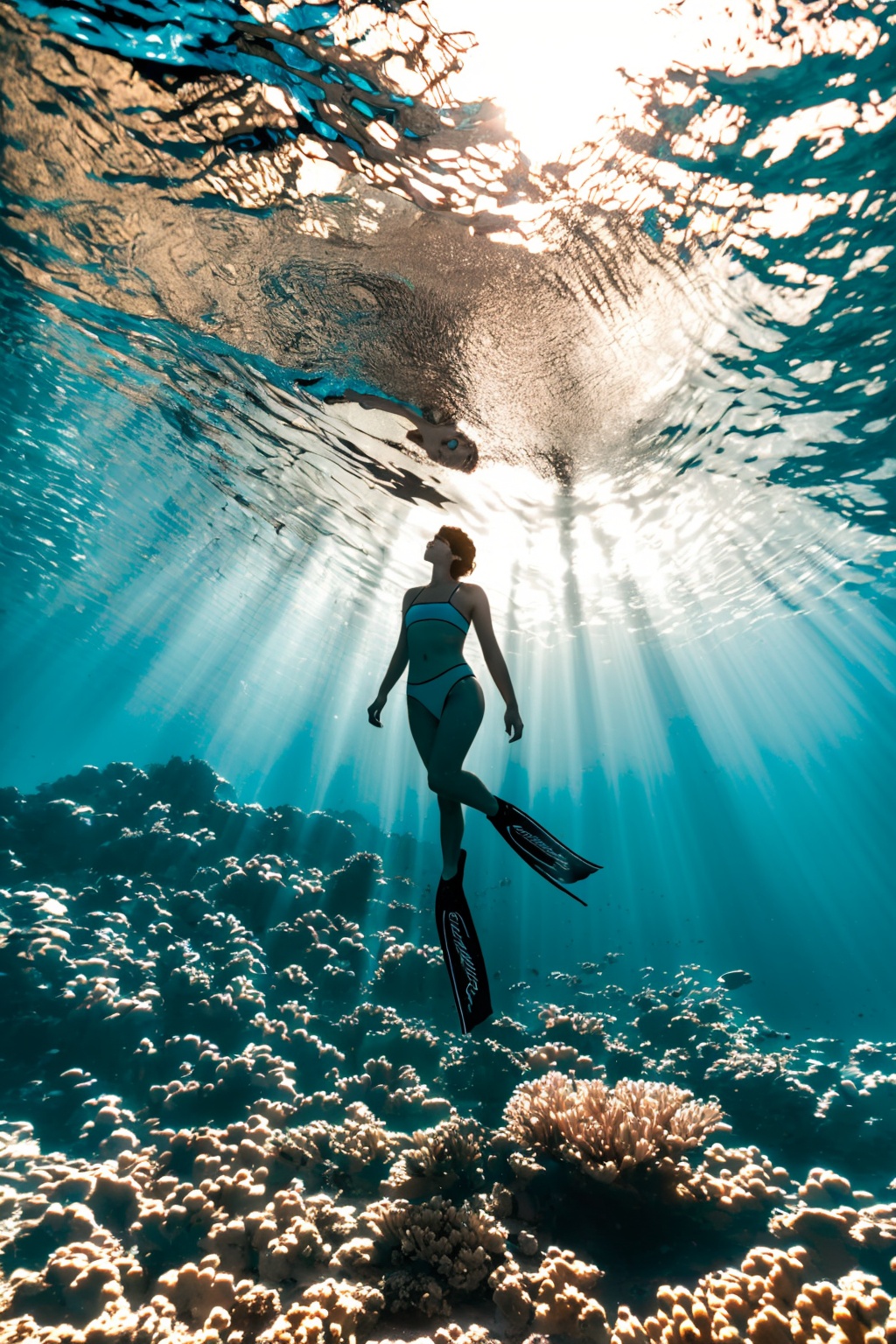 1girl,solo,wsshuixia,sunlight,freediving,blue tone,full body,close-up,Face lighting,