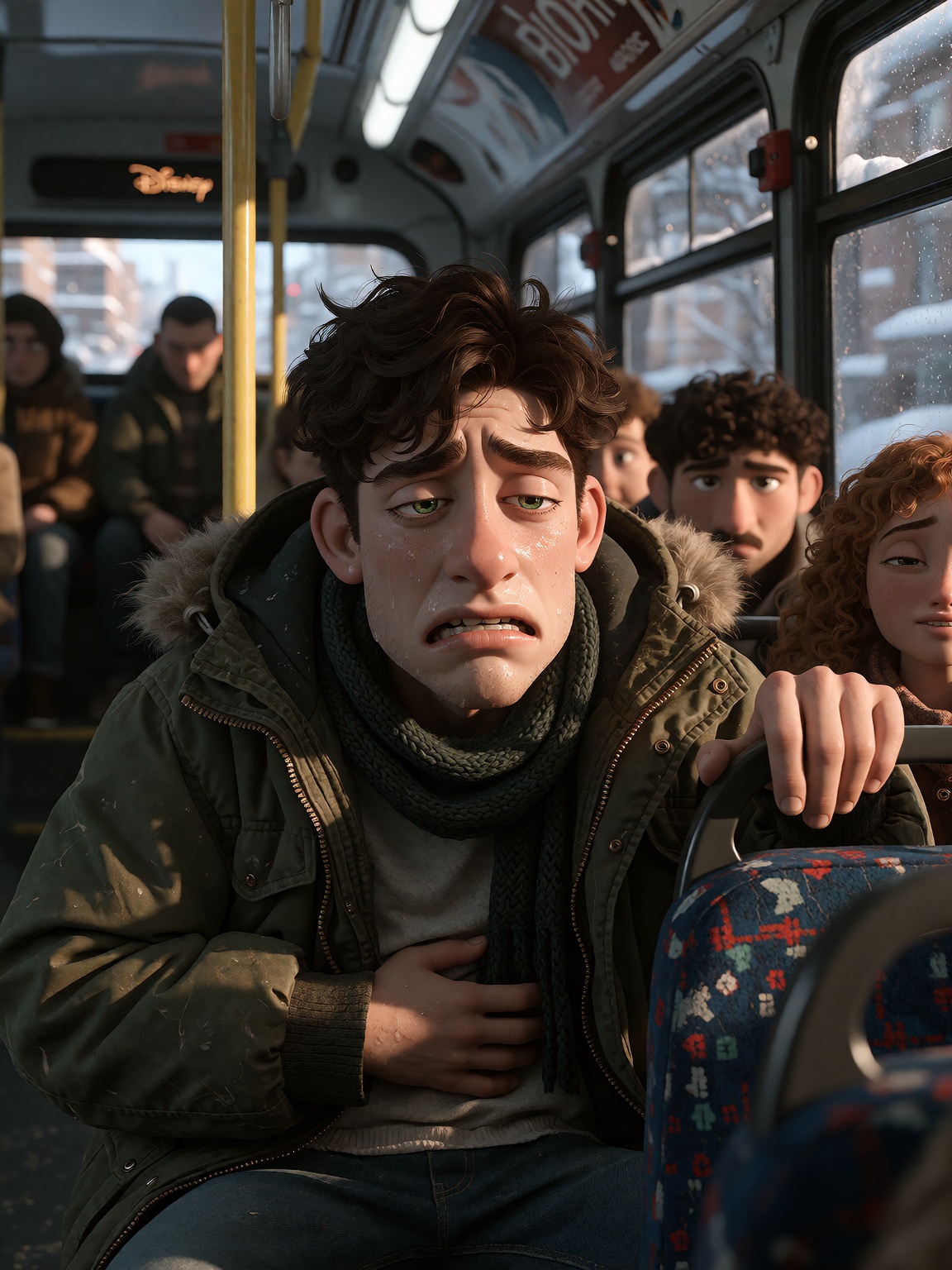 ****** ***** 3D animation still,  comedic discomfort. A young man sits slumped in a city bus seat,  looking absolutely mis...