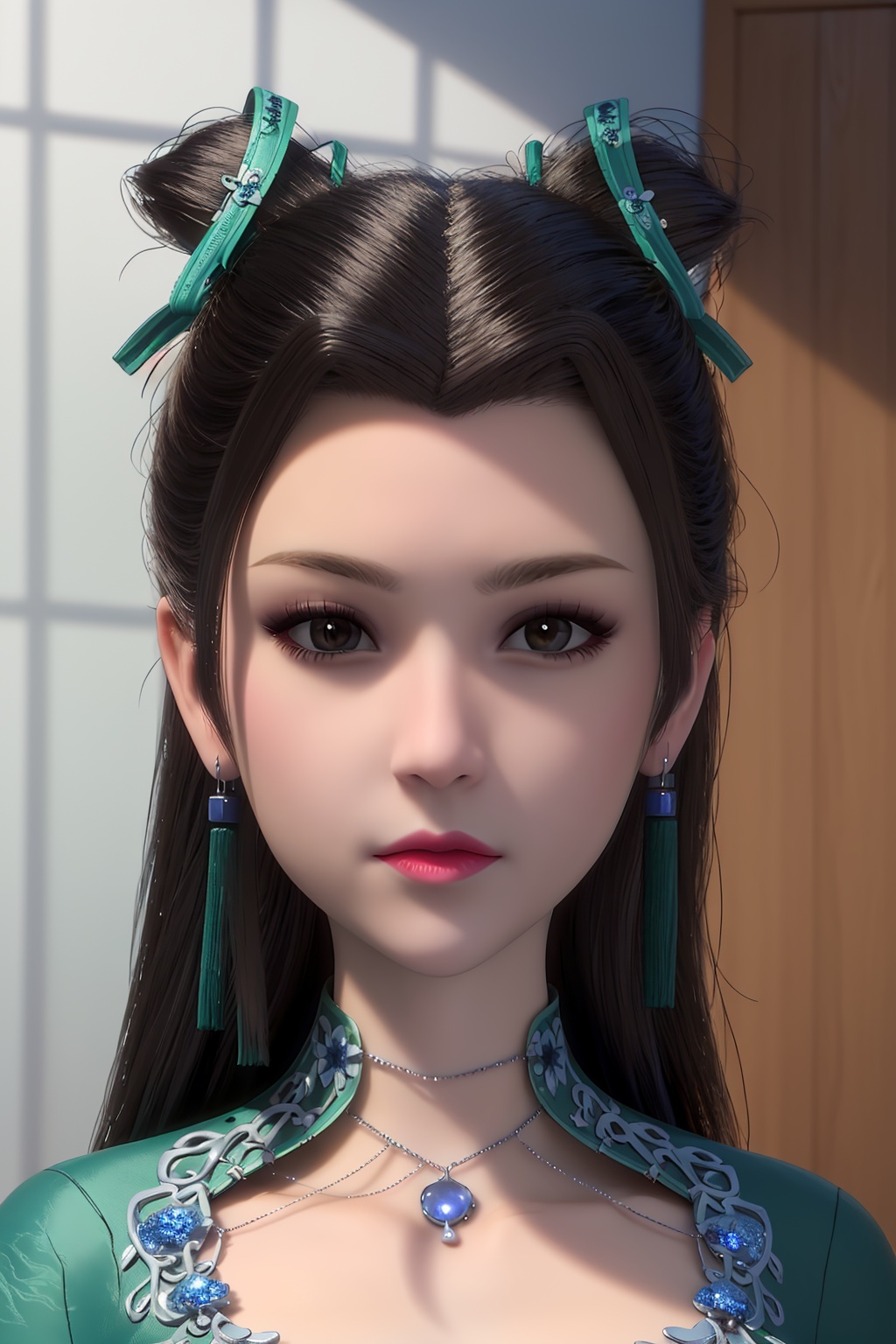 3D,masterpiece,(best quality),(makeup),official art, extremely detailed cg 8k wallpaper,((crystalstexture skin)), (extremely delicate and beautiful),(highly detailed),(face),(collar),(closed_mouth),(1girl), (solo), (jewelry), (earrings),(black_hair),(long_hair),(hair_ornament),(handwear),(breasts),(portrait),(dress),(shiny_clothes),(city,indoor),(cheongsam),,((looking_at_viewer)),((Facing the camera)),, <lora:hipoly3DModelLora_v10:0.3>