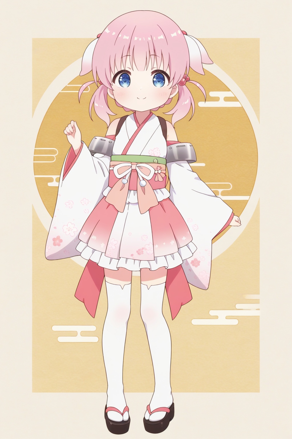 <lora:Haizakura_Ill_v10:0.8>,full body,Haizakura,little_girl,loli,kawaii,(child),blue eyes,short stature,pink hair,twintails,medium hair,hair ornament,japanese clothes,kimono,detached sleeves,bare shoulders,smile,white kimono,hair bobbles,
