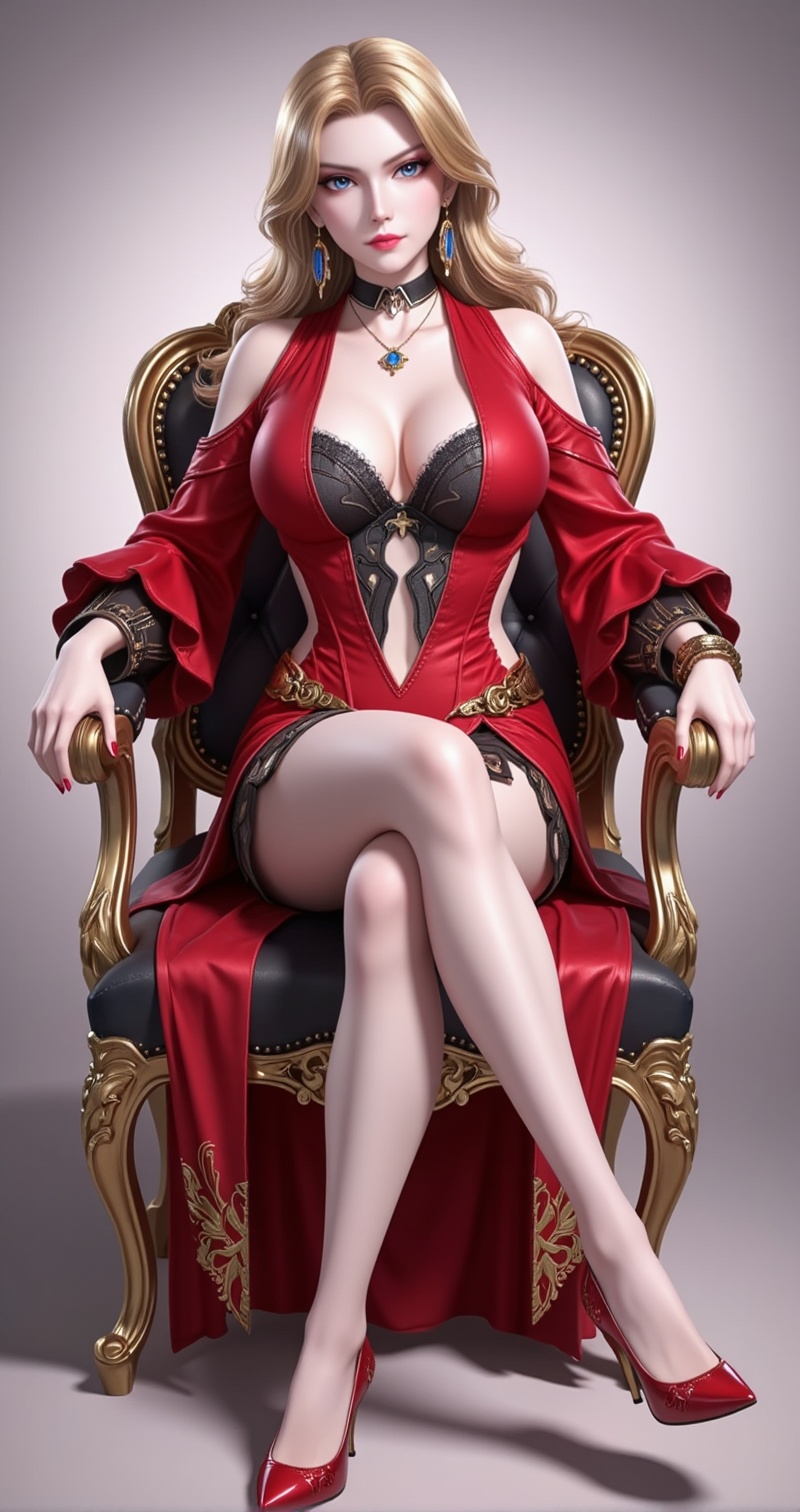 zhennite,<lora:维妮娜·姑妈6:1>,weinina,blonde hair,long hair,blue eyes,fair_skin,jewelry,earrings,<lora:美杜莎衣服6:1.1>,meidushayifu,1girl,solo,breasts,dress,high heels,jewelry,red dress,necklace,full body,red nails,cleavage,detached_sleeves,clothing cutout,sitting,gradient background,chair,crossed_legs,red footwear,3,cover,gradient background,close-up details,outstanding style,adding a touch of dimension to your images without compromising details,close-up,<lora:DJ滤镜_2.5D版:0.3>,lvjing,<lora:油画唯美滤镜15:0.3>,baoshi,