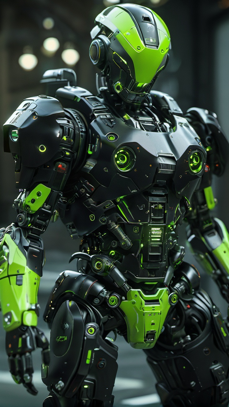 Full body close-up of the robot policeman,weapon,detailed,angular,mechanical,incredibly detailed,realistic ultra-fine rendering,black and fluorescent green color scheme,game art,metal materials,spotlight,Canon EOS R50,highly detailed,ultra-high resolutions,32K UHD,best quality,masterpiece,