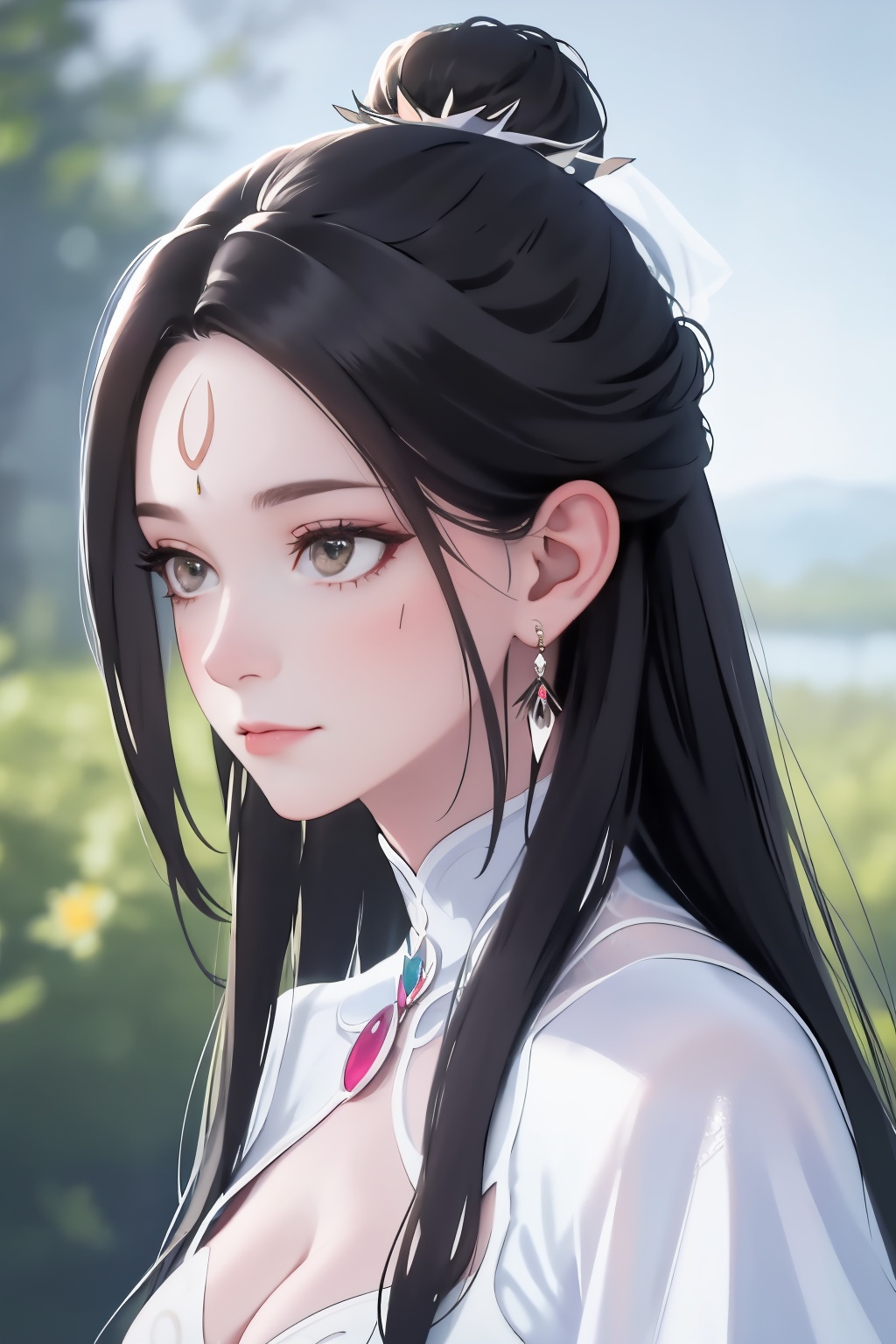 RAW photo,8k uhd,1girl,portrait,black hair,hair ornament,dress,jewelry,closed mouth,earrings,white dress,unreal background,looking to the side,single hair bun,forehead mark,realistic,catfish bangs,hair down to chest,very long hair,masterpiece,<lora:lbc_luxueqi_240331_v1.1-000009:0.8>,