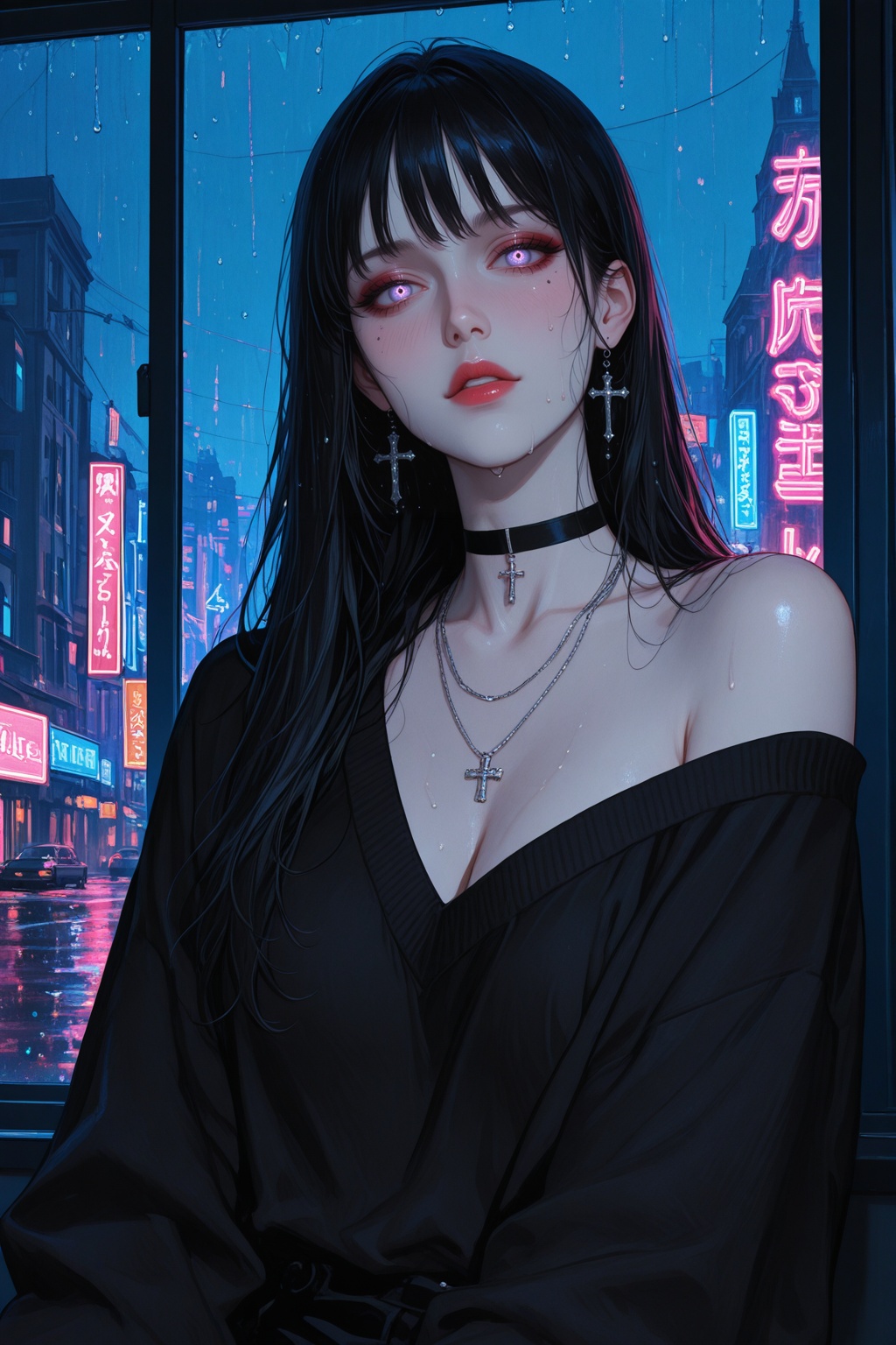 A semi-realism anime-style digital portrait of a melancholic young woman sitting by a rain-covered window at night. Her long, straight black hair is subtly streaked with violet, slightly damp as it falls over her shoulders. The ambient neon lights from the city outside reflect off the glass, casting a soft glow in shades of pink, purple, and blue across her pale skin.She gazes directly at the viewer with deep, expressive eyes, her lips slightly parted and glistening with red gloss. Her makeup is minimal but accentuates her natural beauty—light blush on her cheeks and delicate highlights beneath her eyes. She's dressed in an oversized black sweater that slips off one shoulder, revealing bare skin touched by raindrops and city light.Around her neck, she wears a black choker with metallic details and layered necklaces, including a small silver cross. The mood is introspective and cinematic, with a focus on emotional atmosphere, lighting, and delicate facial detail. The style blends soft realism with anime aesthetics, set against a rainy, neon-lit cityscape. masterpiece, best quality, newest, aesthetic, extremely aesthetic,
