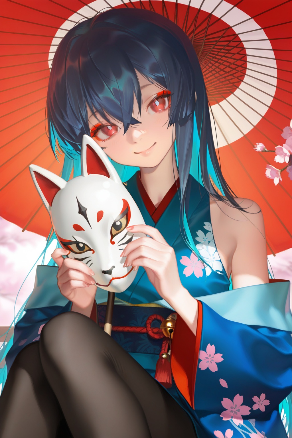 highres,absurdres,Visual impact,masterpiece,best quality,very aesthetic,amazing quality,newest,very awa,<lora:Face-Style:1>,(close-up:1.3),Focus on the face,1girl,solo,long hair,crossed bangs,red eyes,aqua blue hair,dark blue colored inner hair,white pupils,Simple clothing,black pantyhose,(blue kimono:1),Wooden clogs,bare shoulders,bell,cherry blossom print,eyeshadow,fox mask,head tilt,holding mask,looking at viewer,makeup,(oil-paper umbrella:1.3),sleeveless,smile,upper body,wide sleeves,