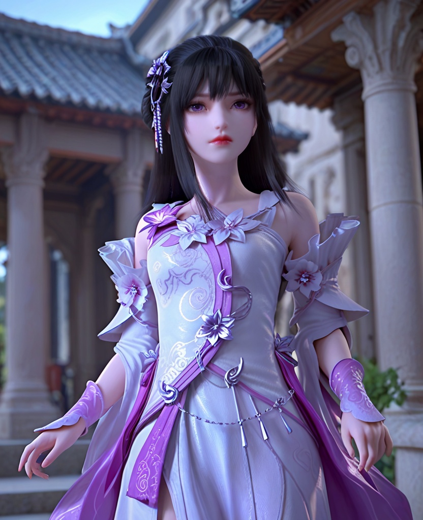 (oriental architecture, elegant decor, sophisticated style:1.1),Standing with her dress billowing and hair flying back, she faces forward with determination, as if bracing against a strong gust,(breasts:1.2),<lora:XL完美世界小月婵>,1minigirl,solo,dress of pinky white,detached sleeves,purple eyes,bangs,hair ornament,black hair,long hair,flower ornament,wristband,eyelashes,lips,, zPDXL2, score_9, score_8_up, score_7_up BREAK realistic, masterpiece,best quality, highly detailed,, zPDXL3, zPDXL2,zPDXL, zPDXLxxx, zPDXLrl,