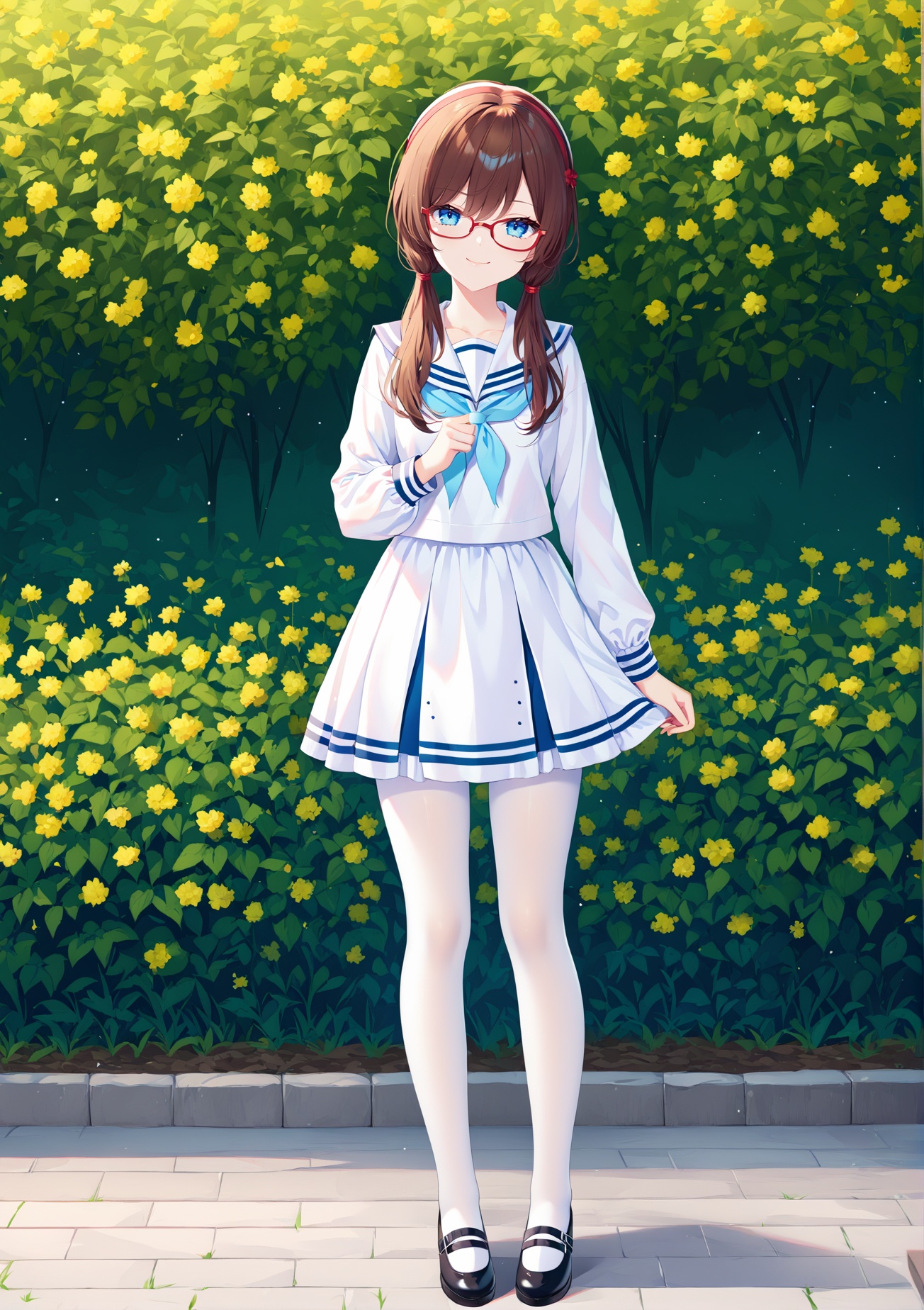 (masterpiece), (best quality), illustration, ultra detailed, hdr, Depth of field, (colorful),[rimuu:0.6, sheya:0.5,haneru,],full body, serafuku, white pantyhose,bowtie,1girl,low twintails,brown hair,blue eyes,makinami mari illustrious,glasses, smug face, standing,garden,looking at viewer, <lora:Eva08XLAni3:1>