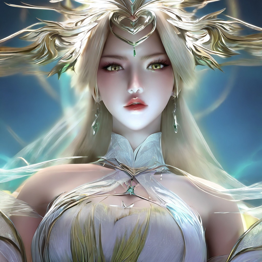 masterpiece,best quality,cinematic,(ultra-detailed),perfect composition,intricate details,absurdres,detailed face,high quality,high res,8K,1girl,solo,hair ornament,long hair,upper body,white dress,jewelry,earrings,dress,white hair,bare shoulders,looking at viewer,parted lips,realistic,teeth,blonde hair,