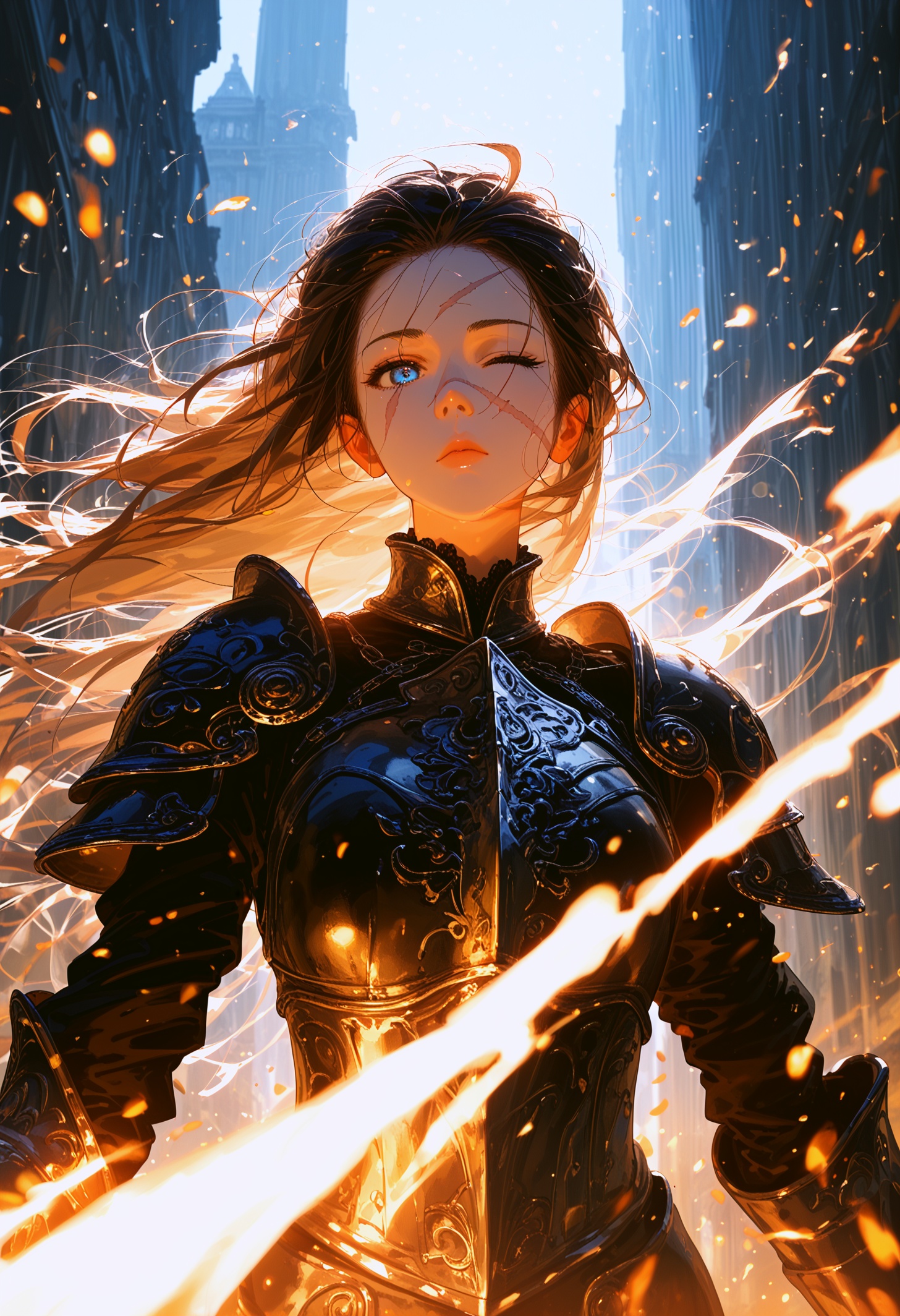 knight paladin with intricate and ornate gothic armor,  scar on face,  one eye closed on Tensor.Art