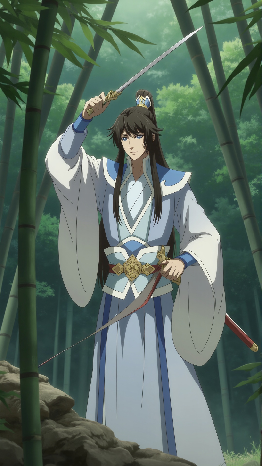 Swordsman,longsword,long_hair,white ancient costume,bamboo_forest,<lora:F1-baixiaochun:0.8>,