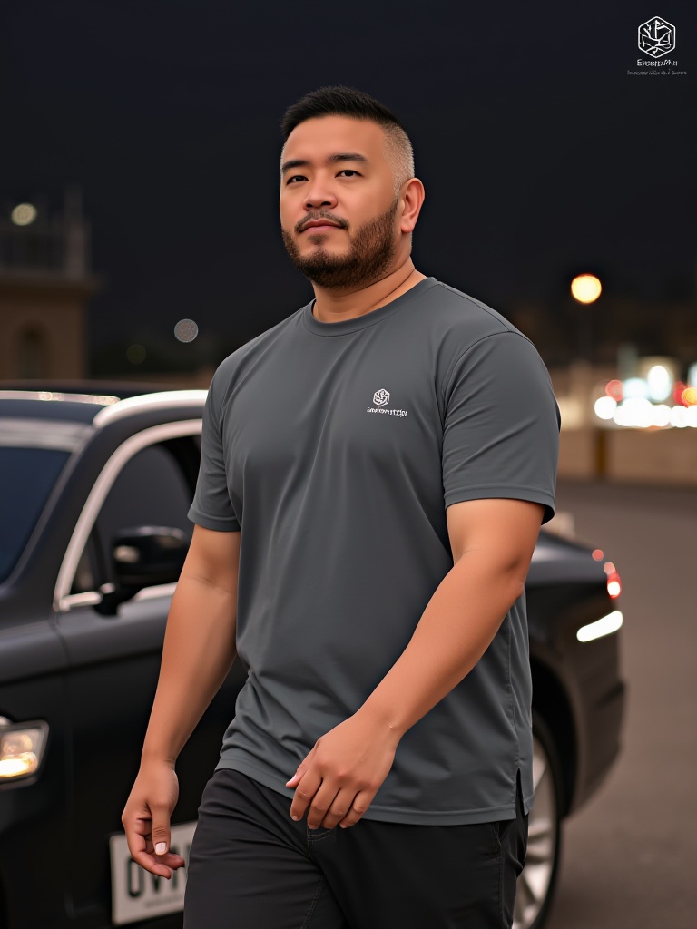 CNBeardModel,beard, grey shirt, muscular, mustache, pants, realistic, ring, shirt, short hair, shorts,walking, solo,posing in front of a luxurious car with city lights in the background, 