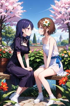 (best quality:1.4), ultra detailed, 2girls, face to face, feminine fashion, garden, sitting on wood banch, parted lips, tree, flower, clearsky