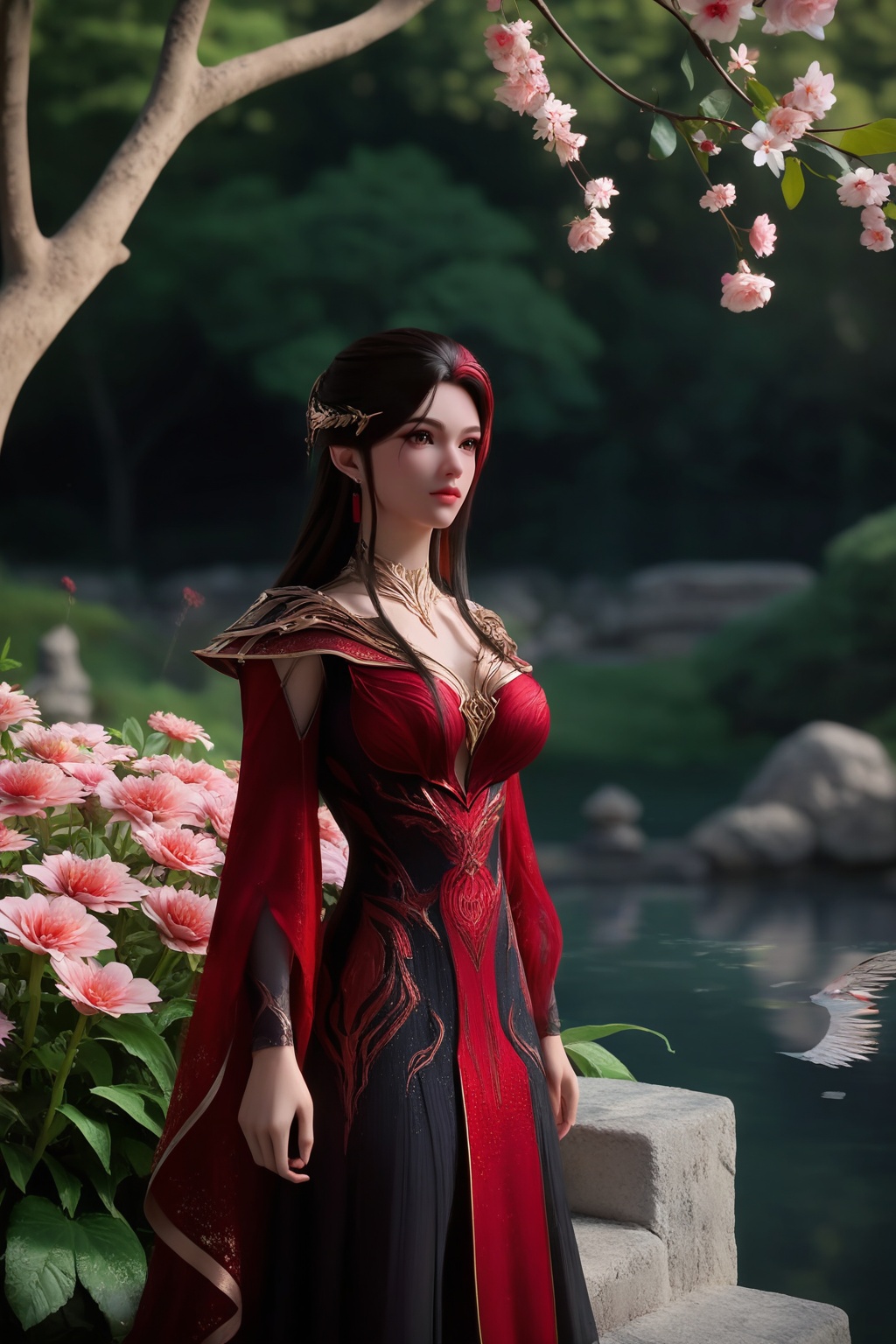 (Seated on a velvet cushion in a serene meditation pose, she radiates peace and inner harmony:1.2),looking at viewer,<lora:XL16神国之上赵襄儿皇服:0.85>,miss zhaoxianger,black corset evening gown with red embroidery,brown eyes,black hair,red streaked hair,very long hair,hair ornament,(large breasts:1.2),tree,flower,pink_flower,water,stone,flowers_Surrounded,pondel,, score_9,score_8_up,score_7_up,score_6_up,score_5_up,score_4_up,3d rendering,tag1,tag2, Cinematic Lighting,backlighting,