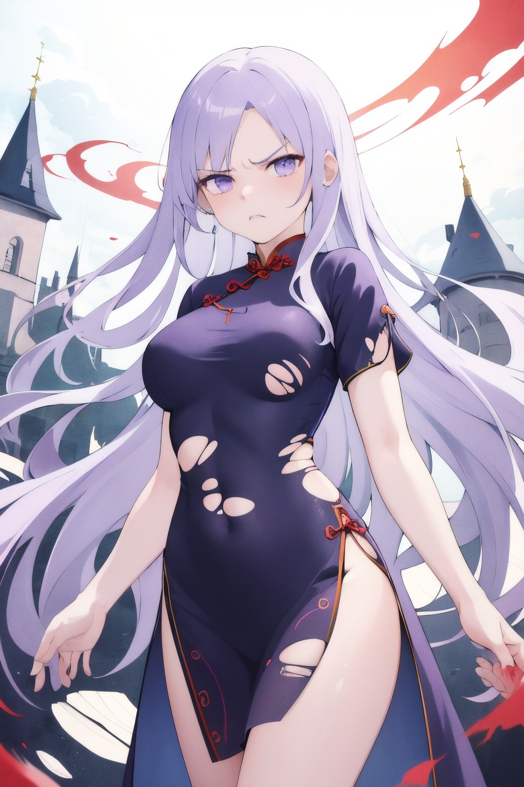 masterpiece,best quality,highres. 1girl,solo,very long hair,light purple hair,swept bangs,purple eyes,see-through,(print_cheongsam),floating hair,short sleeves,large breasts,castle,(torn dress:1.2),(frown:1.1),teeth,navel,angry,<lora:lbc_quinella_(sao)24324_v1.0:0.8>,