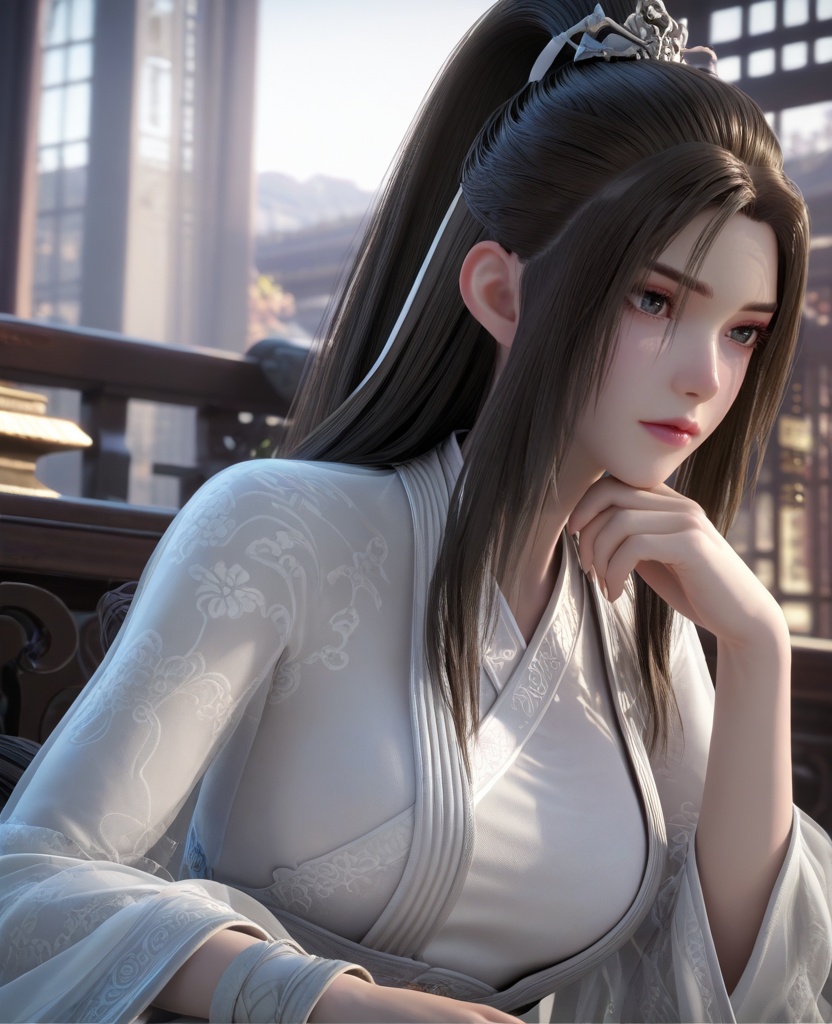 (oriental architecture, elegant decor, sophisticated style:1.1),(resting head on hands:1.1),(large breasts:1.2),<lora:XL16永生方清雪:0.95>,miss fangqingxue,see-through overdress with embroidery,white chinese clothes,black hair,half-up ponytail with long cascading hai,very long hair,white hagoromo,, score_9,score_8_up,score_7_up,score_6_up,score_5_up,score_4_up,3d rendering,tag1,tag2, Cinematic Lighting,backlighting,