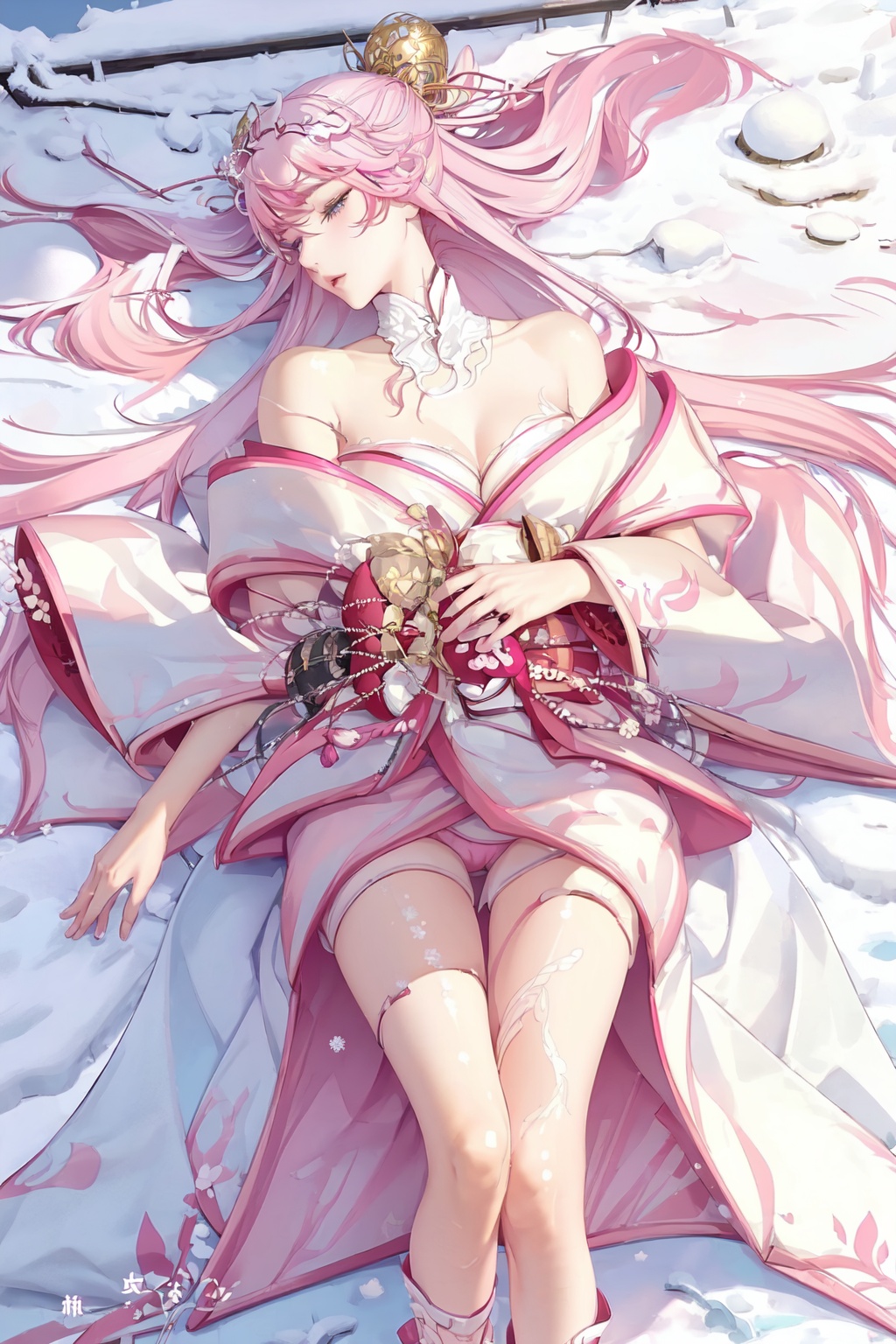 1girl, solo, long hair, hair accessories, blue eyes, pink hair, cleavage, Japanese clothing, bare shoulders, kimono, cleavage, pink clothes, bare shoulders, thighs, bare thighs, perfect female figure, beautiful face, perfect hands, perfect feet,,In the open air, in the snow, lying on the snow, the snow around it melts and grows grass,,Top view,,((lying:1.8))<lora:EMS-339596-EMS:0.800000>