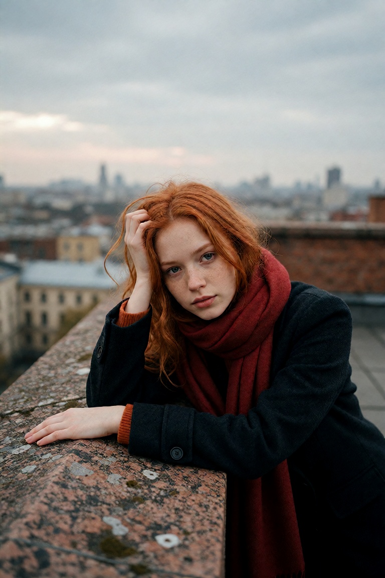 A young Caucasian woman,  approximately 20 years old,  leans thoughtfully against a weathered stone parapet on a rooftop t...