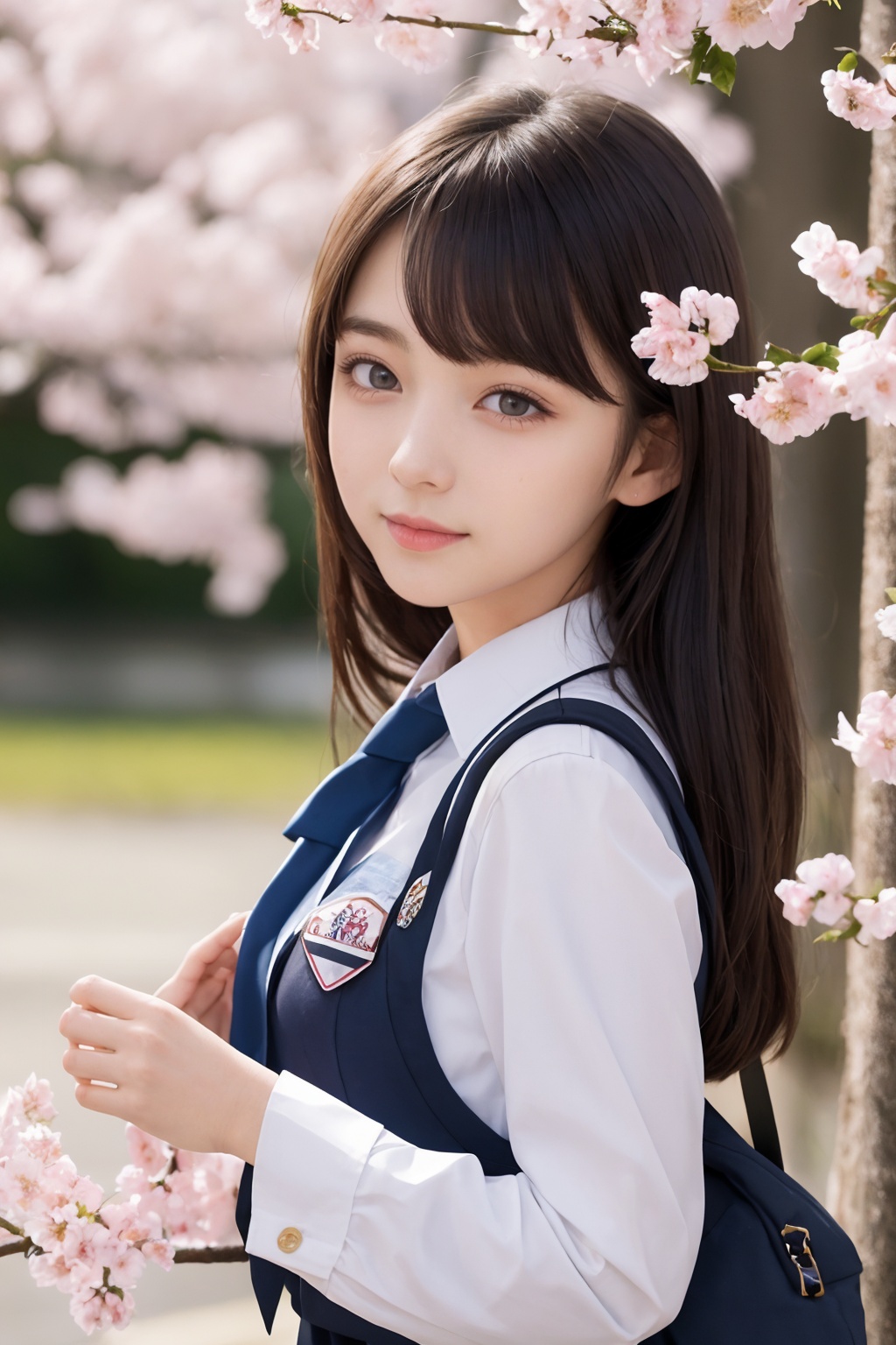 1girl,solo,school uniform,upper body,blossoms,falling_petals,looking at viewer,