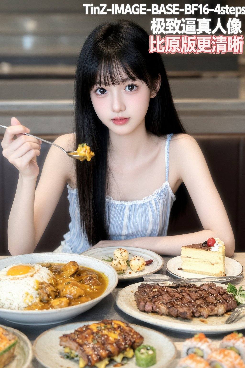 一位大约18岁的年轻亚裔女性坐在桌旁，面向观众。她留着齐刘海的黑色长发，皮肤白皙，眼神温柔，一双明亮的大眼睛格外引人注目。她穿着一件浅蓝色和白色条纹的无袖上衣，里面是一件细肩带背心。她容貌姣好，皮肤白皙，手上拿着一把盛满食物的勺子。桌上摆满了各种美味佳肴，包括咖喱鸡饭、芝士球、芝士排骨、芝士蛋糕、牛排、寿司等等。背景是一家餐厅，这是一张人像照片。图片右上角标注，第一行“TinZ-IMAGE-BASE-BF16-4steps”；第二行“极致逼真人像”；第三行“比原版更清晰”；红色文字带白色边框，文字右边对齐。