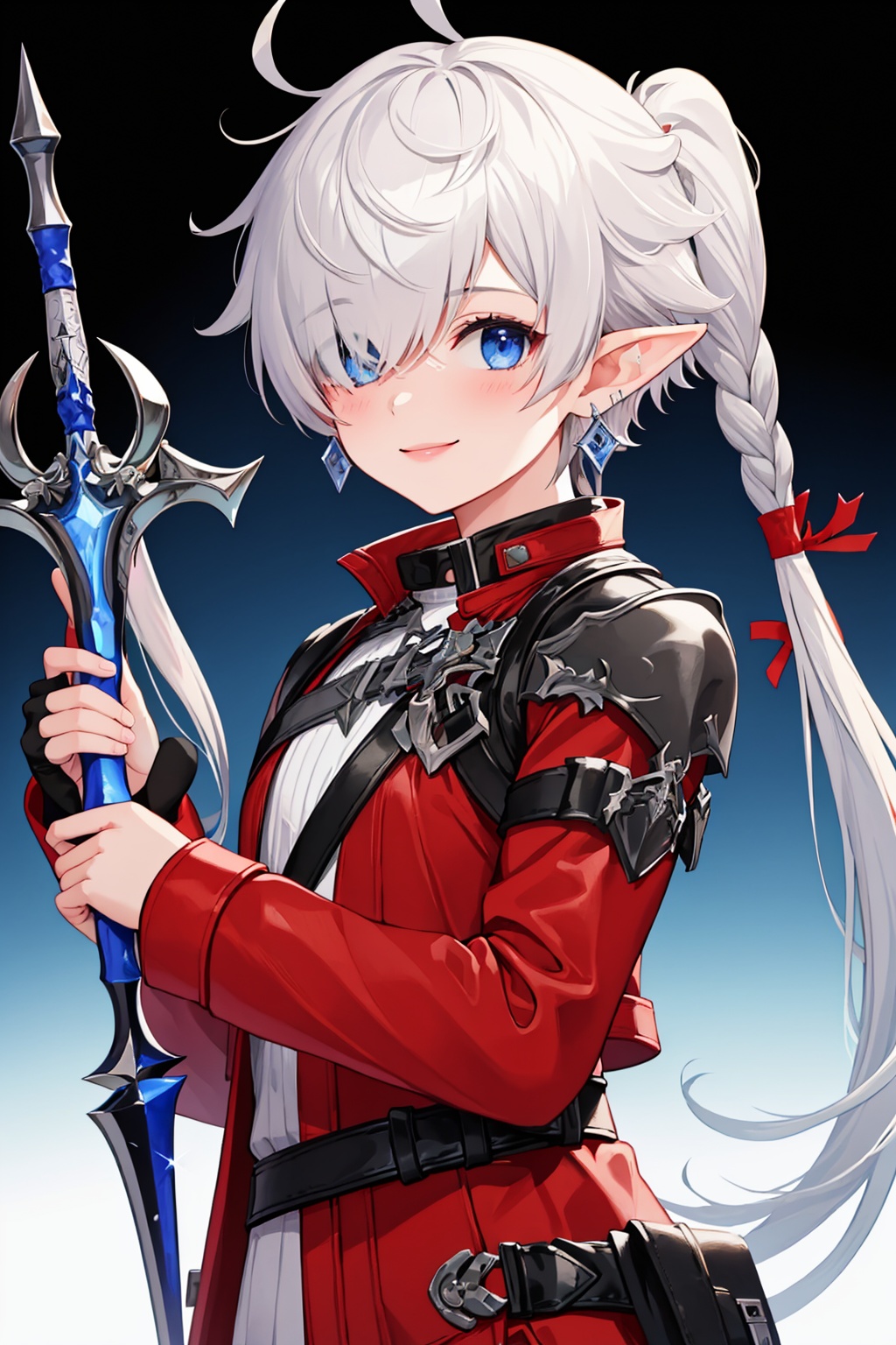 masterpiece,best quality, highly detailed, alisaie leveilleur,1girl, smile, solo, holding sword, fingerless gloves, earrings, elezen, looking at viewer, red jacket, hair ribbon, braid, ahoge, upper body, hair over one eye,<lora:alisaie_leveilleur:1>