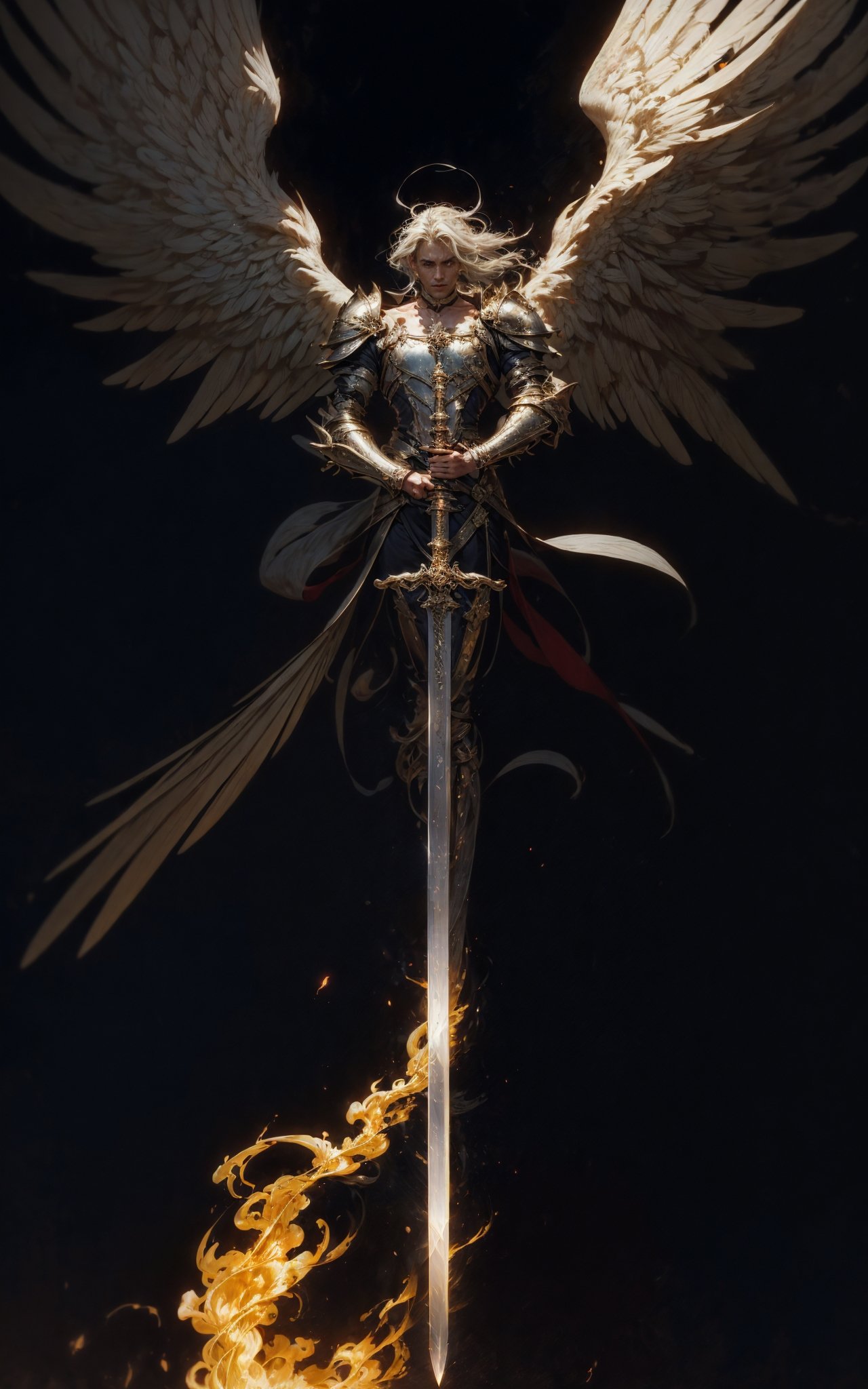angel,  Super powerful flame angel flies out of the clouds,  behind him is golden meteor magic surrounding his body on Ten...
