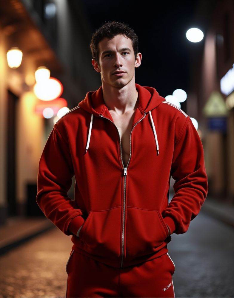 Callum Turner ,  realistic photo in a worn ((skin-revealing skimpy erotic red tracksuit. massive pecs)). big pecs. big arm...