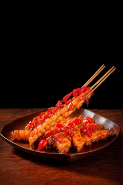 depth of field, chinese food, realistic, simple background, food, no humans, black background, meat, food focus, still life