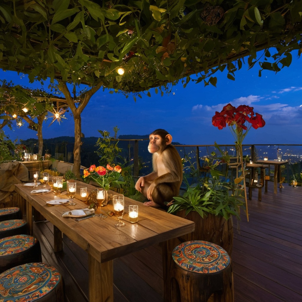 skybar,<lora:20240705-1720127504546:0.5>,rooftop bar,night,cloud,balcony,open air,starry_sky,masterpiece,best picture quality,jungle decorations,original ecology,original plant,champagne,wine glass,monkey,tribal totem,in a meadow,wooden stool,wooden table,flower,