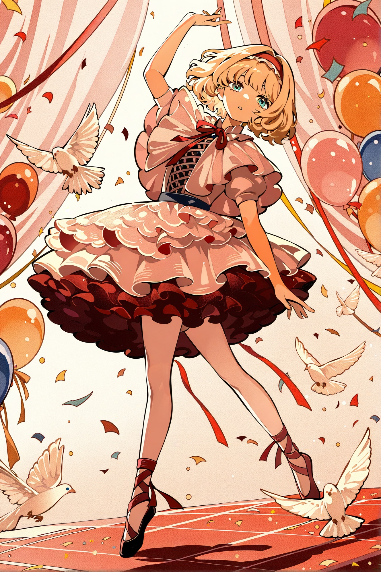 Reverse:1999, 1girl, blonde hair, alice margatroid, solo, bird, blue eyes, white capelet, frills, short hair, dress, short sleeves, hairband, capelet, white dress, arm up, red hairband, full body, ballet slippers, looking at viewer, red ribbon, ribbon, dove, confetti, puffy sleeves, balloon, ballet, curtains, star \(symbol\), puffy short sleeves, skirt, parted lips, neck ribbon, frilled dress