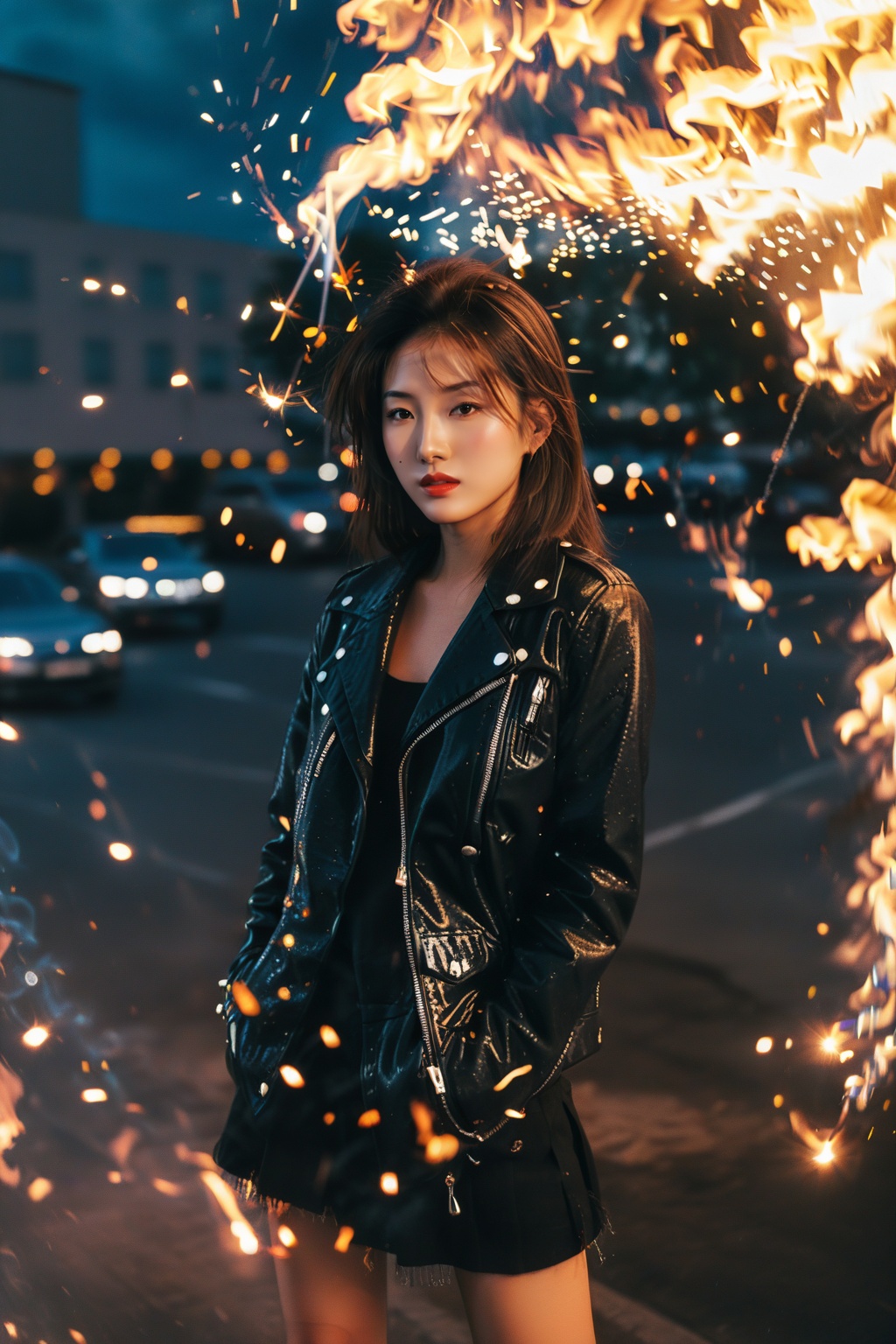 an asian girl,film grain texture,analog photography aesthetic,fire,fireworks,night,<lora:disillusion · fireworks_SDXL:1>,(Leather_jacket:1.4),portrait,cityscape,