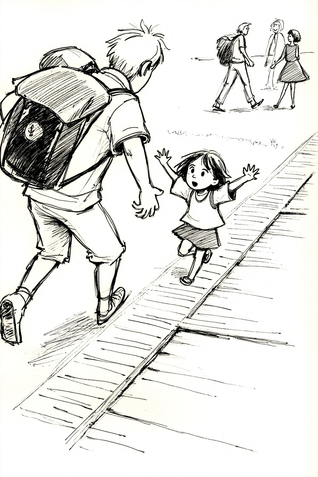 beijihui,A black and white sketch of a man and a girl. The man is wearing a short sleeve shirt and a backpack on his back. The girl is standing on a long wooden plank that has black lines running across it. Her arms are raised in the air. Her hair is short and brown. Her eyes are open and her mouth is slightly open. A man and woman are standing in the background.