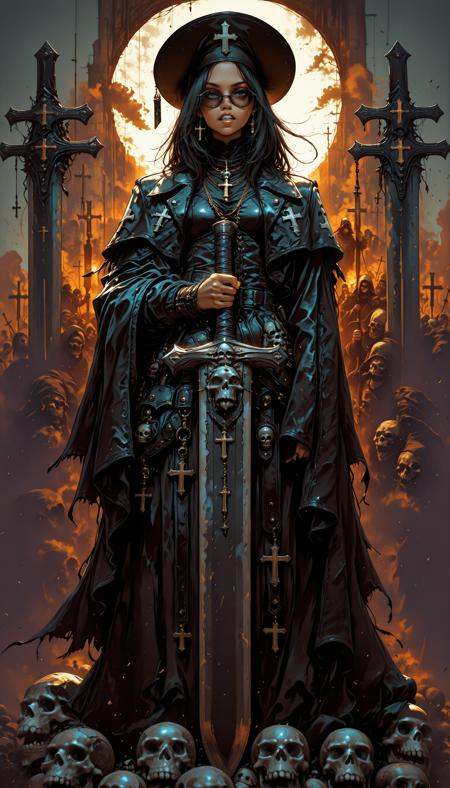 hkstyle,,    holding weapon, fighting stance, holding  buster sword,huge weapon,,  fantasy anime style, anime artwork, official art, highly detailed, vibrant colors, magical atmosphere, digital painting, ethereal glow, soft shadows, cinematic lighting masterpiece, best quality, high quality, ultra-detailed, realistic,  traditional media, western comics \(style\) ,limited palette, partially colored, vivid_color, high contrast, speed lines, sound effects, move_effects, action Create a detailed digital artwork portraying a stern-looking figure with a skull-like visage, set against a moody, atmospheric background. The figure is adorned with a wide-brimmed black hat, which features a smaller skull resting atop. The attire consists of a black leather jacket with silver rivets and a cross pendant. The color palette is dominated by dark, muted tones, with the skull being the most striking feature, appearing white with black detailing. The overall style leans towards dark fantasy or gothic themes, with a focus on creating a sense of foreboding and mystery. The scene is captured from a frontview angle, focusing on the full body of the figure. solo, long_hair, black_hair, 1boy, hat, jewelry, jacket, upper_body, male_focus, teeth, necklace, black_jacket, black_headwear, sunglasses, portrait, cross, skull, hkstyle,,    holding weapon, fighting stance, holding  buster sword,huge weapon,,  fantasy anime style, anime artwork, official art, highly detailed, vibrant colors, magical atmosphere, digital painting, ethereal glow, soft shadows, cinematic lighting