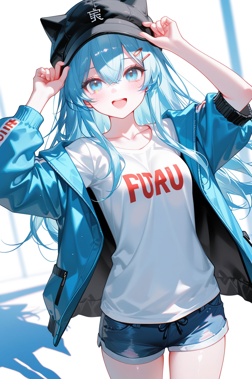 reoen,best quality,amazing quality,very aesthetic,absurdres,masterpiece,loli,overexposure,chromatic_aberration,light,fair_skin,//,1girl,solo,blue eyes,blue hair,hat,shorts,long hair,jacket,smile,shirt,white background,black headwear,white shirt,hair ornament,looking at viewer,hairclip,simple background,blue jacket,open jacket,open clothes,blush,short shorts,open mouth,breasts,:d,long sleeves,blue shorts,cowboy shot,medium breasts,hair between eyes,short sleeves,hand on headwear,clothes writing,collarbone,arm up,hood,//,(chen bin:0.5),konya666,(hiten \(hitenkei\):0.4),(rimuu:0.5),(mignon:0.5),(sheya:0.6),[iumu],//,official art,depth of field,detailed light,blurry background,best shadow,shiny skin,cinematic lighting,ray tracing,amazing quality,very aesthetic,absurdres,beast quality,ultra detailed,newest,8K,HDR,