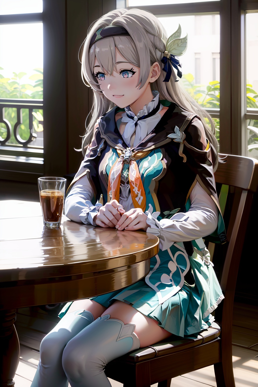 masterpiece, best quality, <lora:style25:1>,indoors,scenery, <lora:firefly-v2-kozue:1>,1girl, solo,grey hair,  long hair,hair ornament,black hairband, blue eyes, long sleeves,green skirt,green thighhighs,  light smile,sitting, chair,table,cafe,plant,window,day,looking away, upper body, wide shot, 