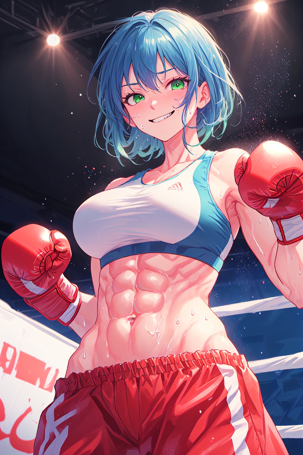 blue hair,  green eyes,  red boxing gloves on Tensor.Art