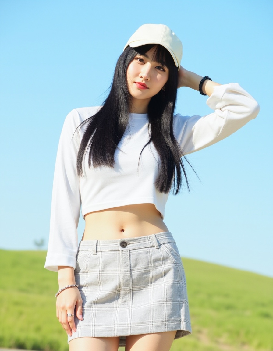 A photograph of a young Asian woman with long,straight black hair,wearing a white,long-sleeved crop top and a short,plaid skirt. She is outdoors on a sunny day with a clear blue sky and green grassy hills in the background. She has a slim physique and is posing confidently,one hand on her head,the other resting on her thigh. Her expression is neutral,and she wears a white cap. The image is bright and vivid,capturing a casual,summery vibe,