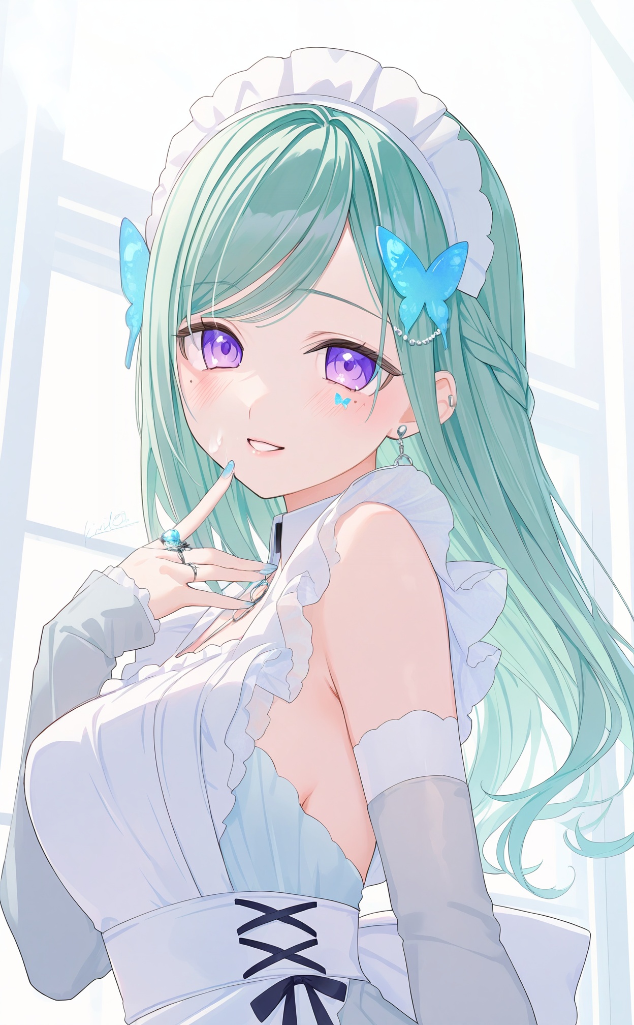 mmasterpiece,absurdres,best quality,petite,high quality,chromatic_aberration,//,1girl,purple_eyes,solo,green_hair,long_hair,maid_headdress,looking_at_viewer,ring,jewelry,apron,butterfly_hair_ornament,smile,hair_ornament,virtual_youtuber,swept_bangs,window,parted_lips,detached_sleeves,breasts,from_side,maid,upper_body,dress,earrings,white_apron,maid_apron,nail_polish,bare_shoulders,blue_nails,facial_mark,piercing,braid,blue_dress,mole,frills,frilled_apron,signature,hair_behind_ear,ear_piercing,beads,gem,white_sleeves,long_sleeves,white_dress,bow,large_breasts,blush,looking_to_the_side,//,<lora:kinako_(shiratama_mochi)——【noob】hans:0.95>,