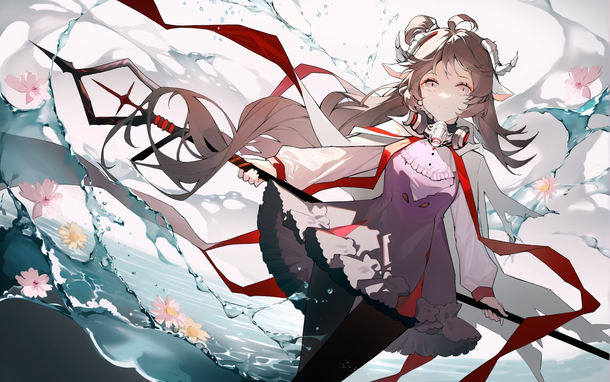 1girl,eyjafjalla \(arknights\),solo,brown hair,horns,long hair,sheep horns,animal ears,sheep girl,sheep ears,pantyhose,flower,black pantyhose,looking at viewer,staff,shirt,pink flower,long sleeves,water,holding,