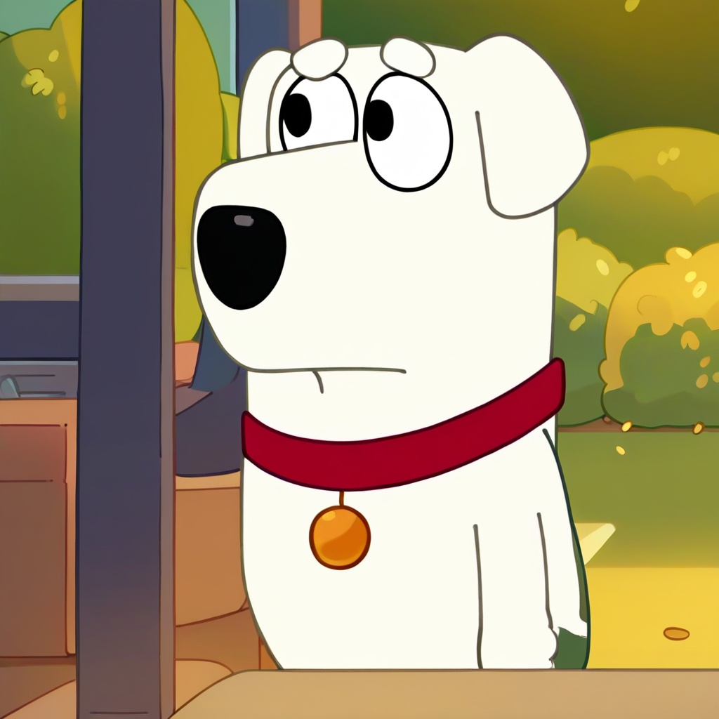 safe_pos, score_9, score_8_up, score_7_up, score_6_up, score_5_up, score_4_up, source_furry, hi res, blurred background, particles, solo, Brian Griffin, Dog, White fur, red collar, looking at viewer, closed mouth, Bluey style