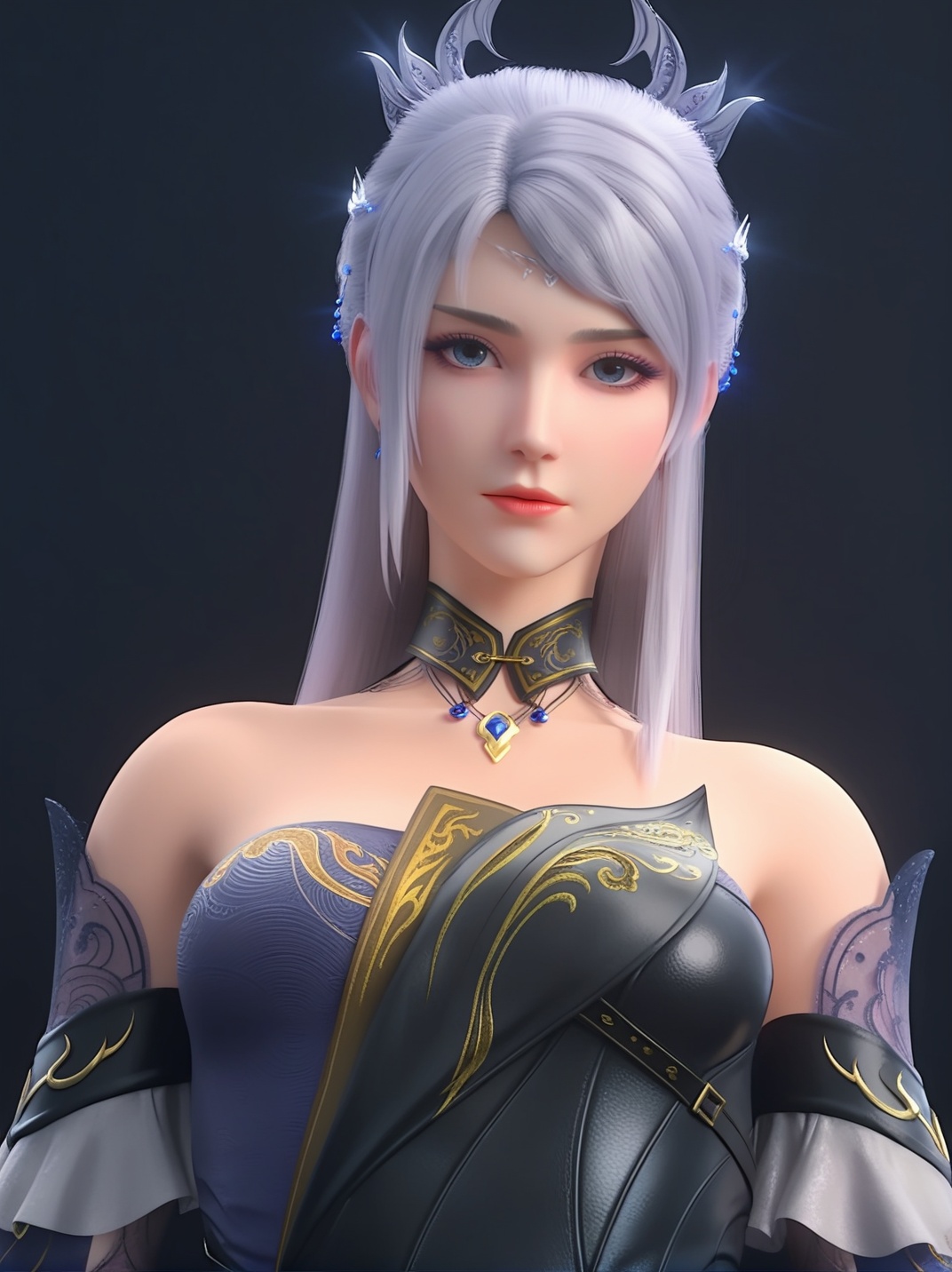 (score_9),solo,1girl,<lora:洛璃-A-pony-000008:0.85>,long hair,white hair,hair ornament,blue eyes,detached collar,bare shoulders,necklace,jewelry,gem,dress,detached sleeves,belt,pelvic curtain,upper body,looking at viewer,light blush, BREAKsimple background,black background,