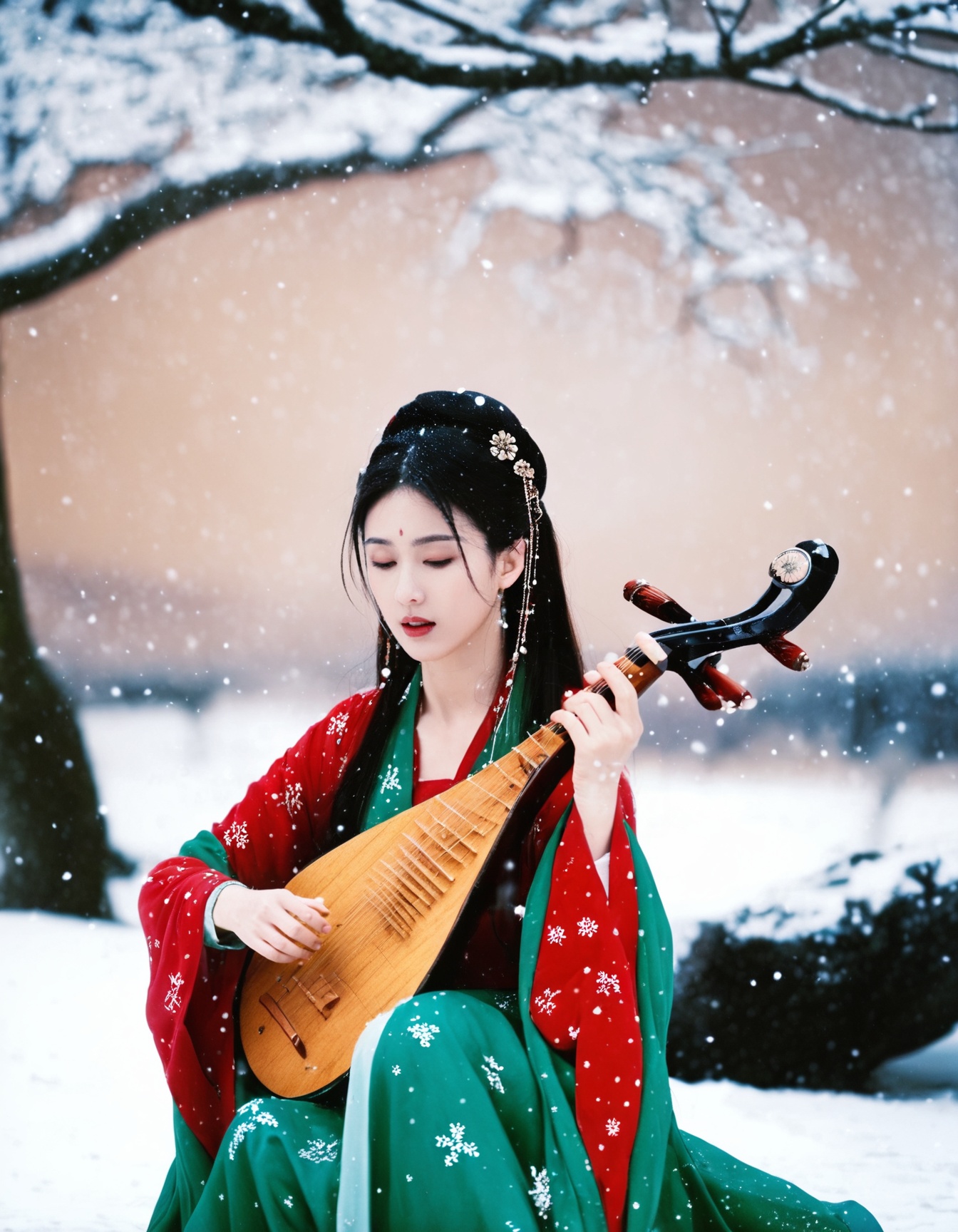 cinematic still A woman wearing a red and green hanfu,with long black hair,  There are white trees and white snowflakes around her.wind,floating hair,kneeling on floot,close-up,playing pipa . emotional, harmonious, vignette, 4k epic detailed, shot on kodak, 35mm photo, sharp focus, high budget, cinemascope, moody, epic, gorgeous, film grain, grainy