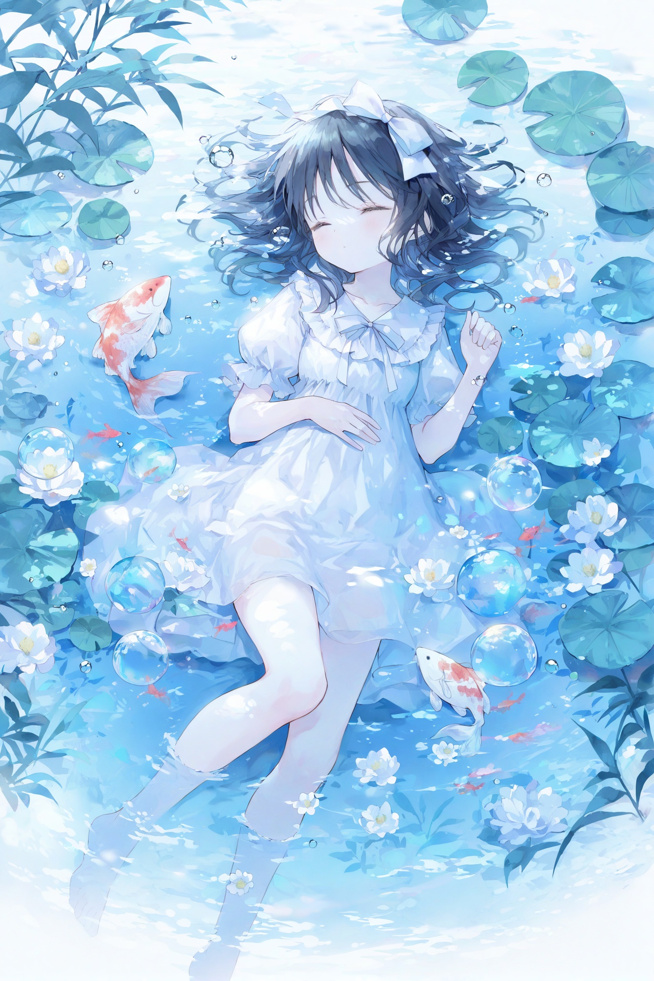 loli,1girl,lily pad,lying,koi,dress,fish,solo,flower,closed eyes,water,hair bow,white dress,bow,black hair,pond,partially submerged,bubble,afloat,goldfish,white bow,ribbon,white flower,medium hair,short sleeves,hair ribbon,puffy sleeves,underwater,air bubble,feet out of frame,ripples,medium hair,animal,sleeping,plant,closed mouth,outdoors,blue theme,(masterpiece,best quality,highres,absurdres,best quality,amazing quality,very aesthetic,absurdres),