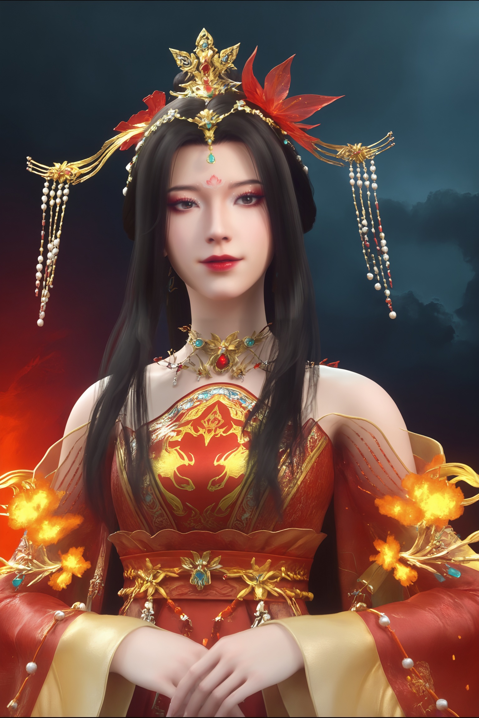 black background,diablo style,dark,surreal,photorealistic,masterpiece,best quality,mood lighting,soft glow,portrait,front view,<lora:云深不知梦-云望舒Pony:0.7>,1girl,long,flowing black hair,traditional updo,gold and red hairpins,ornate traditional Chinese gown in deep red and gold,high collar,long sleeves.,