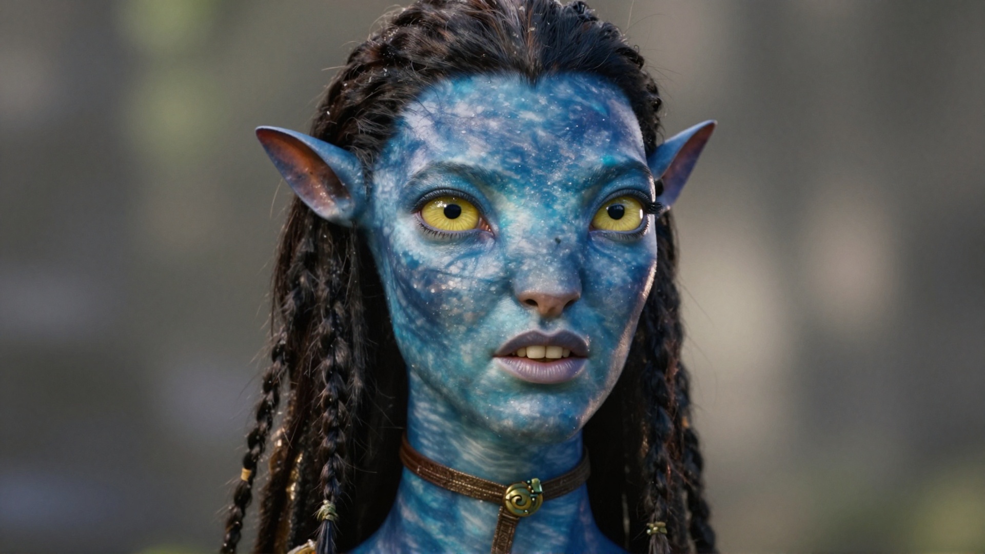 cinematic film still of cinematic style Closeup In 2154 on planet Pandora Navi blue skin indigenous species a woman with b...