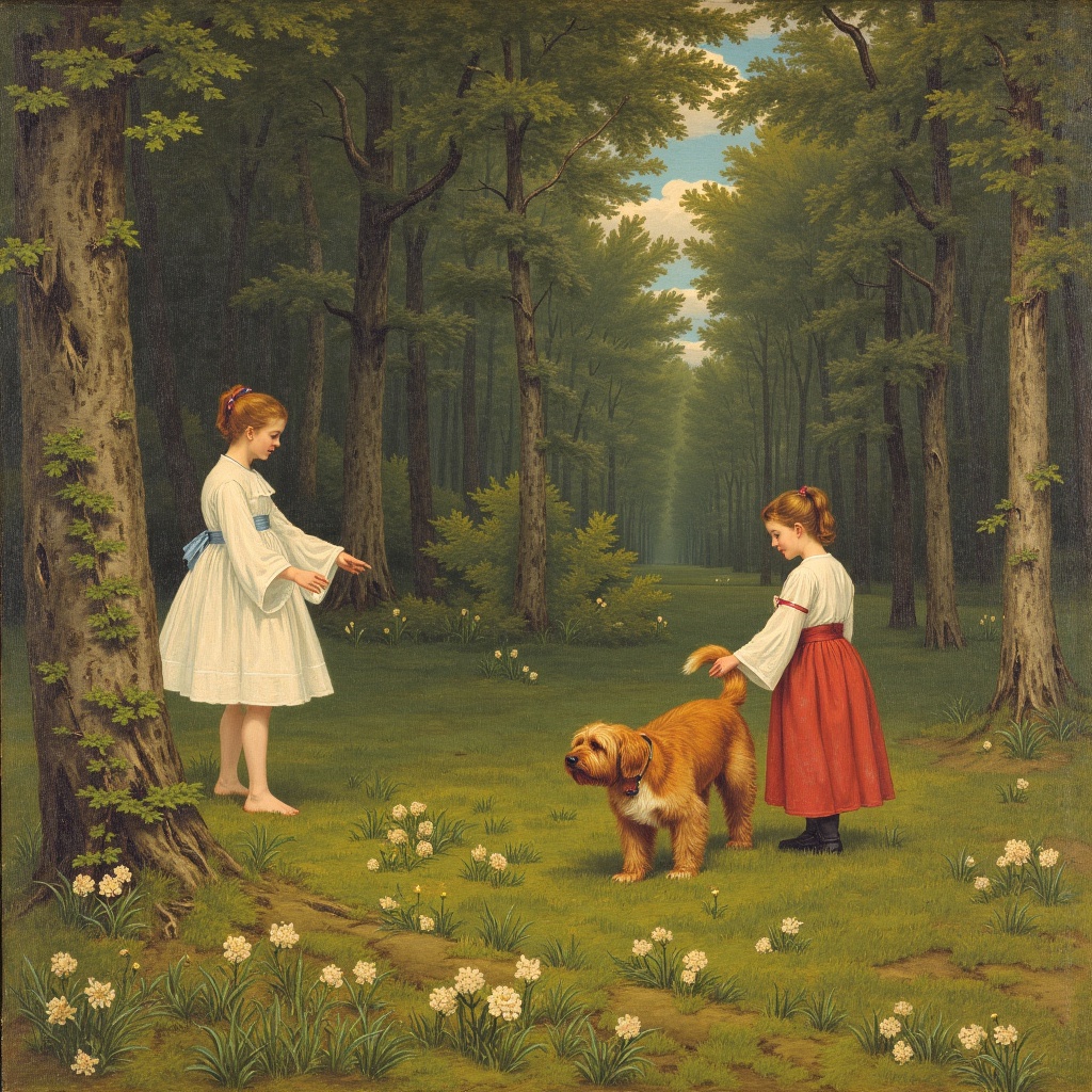 painting of three girls in a forest with a dog,william blake art exhibit,delacroix,Thomas Stothard,girl jumping in a flower field,an american romanticism painting,turner whimsical,swirling scene in forest,Robert Walker Macbeth,Eugene Delacroix,William McTaggart,girl dancing in a flower field,neo rococo expressionist,1 8 3 0 s style painting,painting of wild hunt in the sky,painting of white human figures,3 nymphs circling a fountain,re-raphaelite fairies,william blake and repin,romantic era painting,protagonist in foreground,et in arcadia ego,angel falling to andromeda,1 9 th century scene,impressionism and expressionism,Blanche Hoschedé Monet,in this painting,feral scene,girl running,energetic composition,transformation scene,young women,John Bellany,