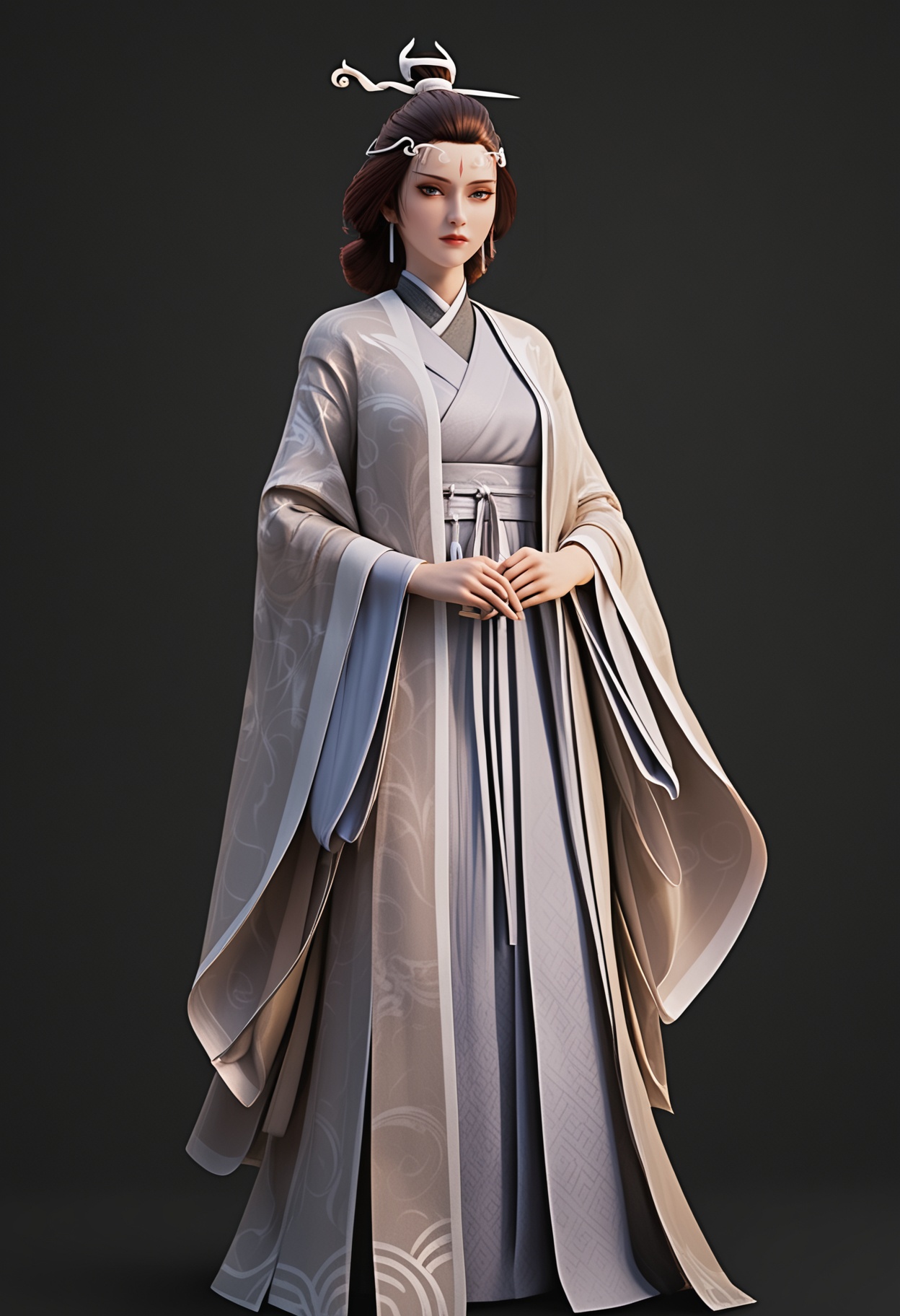 (standing full_body:1.1),score_9,score_8_up,masterpiece,(best quality),intricate details,facing viewer,(looking at viewer:1.1),<lora:YQ_pony_shuiyue_V4:0.8>,q1528437228,solo,1girl,black hair,jewelry,earrings,chinese clothes,facial mark,hair ornament,forehead mark,hanfu,long sleeves,makeup,wide sleeves,hair bun,hair stick,long hair,red lips,updo,japanese clothes,black eyes,blue eyes,robe,brown eyes,brown hair,kimono,sash,grey eyes,korean clothes,single hair bun,BREAKscore_9,score_8_up,masterpiece,(best quality),perfect anatomy,(hourglass),perfect face,(simple background,pure black background,black background:1.1),fair_skin,shiny_skin,Ivory_skin,