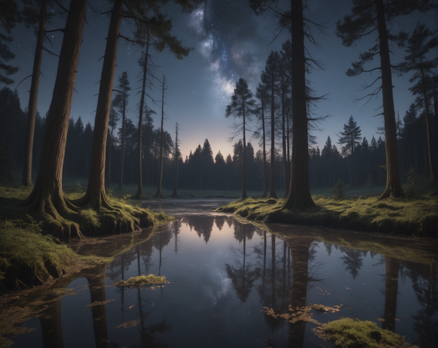 detailed landscape photo of a mystical forest,  reflecting puddles,  epic night sky on Tensor.Art