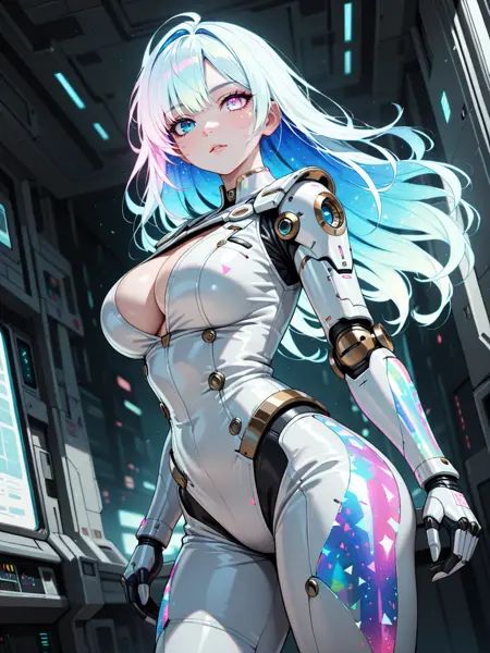 masterpiece, best quality, good quality, very aesthetic, absurdres, newest, 8K, depth of field, focused subject, dynamic angle, side view, 1girl, solo, android, holofoil glitter, faint, glowing, ethereal, neon hair, glowing hair, long hair, heterochromia eyes, futuristic uniform, cleavage, standing looking sweet, stance, coy, looking at viewer, relaxing, sci-fi,lazypos